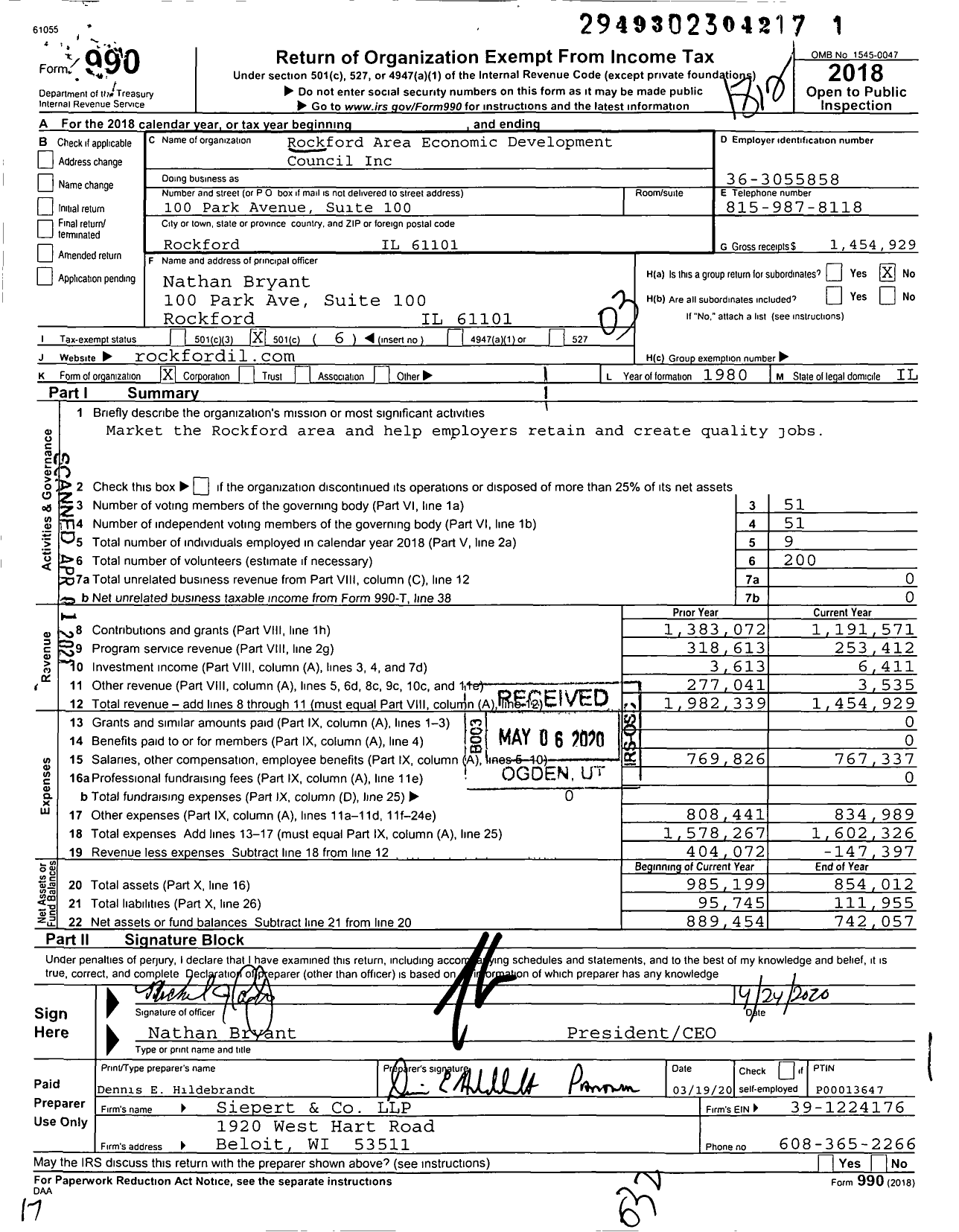 Image of first page of 2018 Form 990 for Rockford Area Economic Development Council (RAEDC)