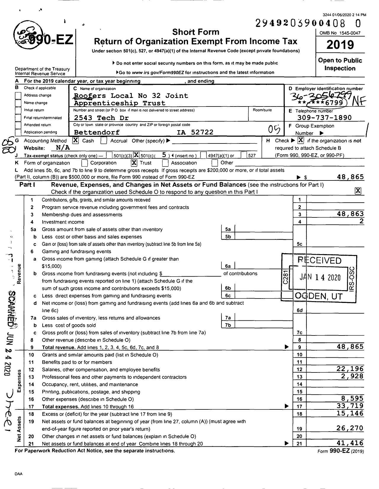 Image of first page of 2019 Form 990EO for Roofers Local No 32 Joint Apprenticeship Trust