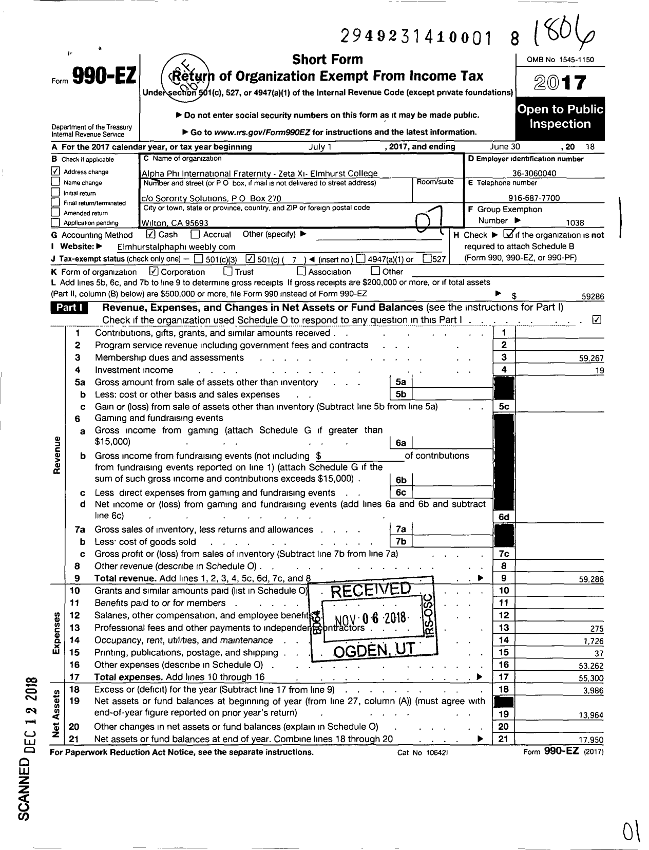 Image of first page of 2017 Form 990EO for Alpha Phi - Zeta Xi - Elmhurst College