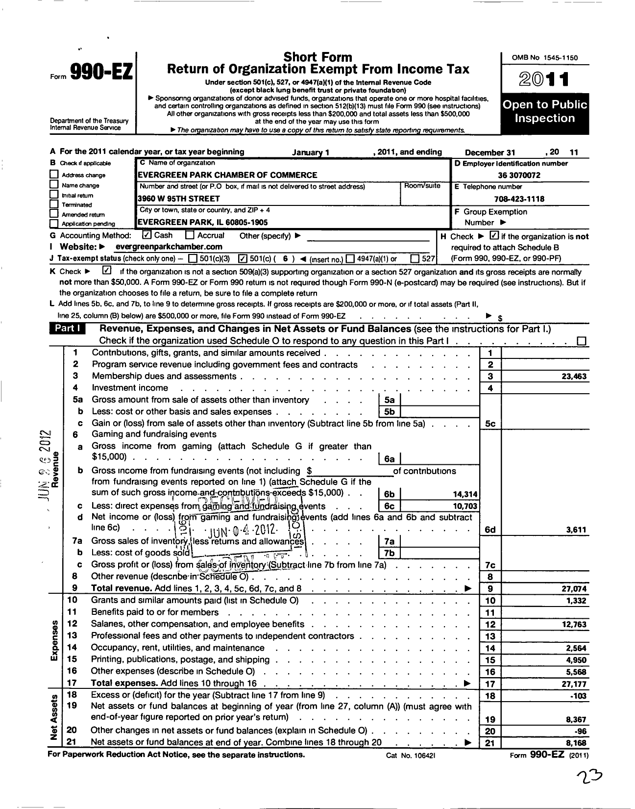Image of first page of 2011 Form 990EO for Evergreen Park Chamber of Commerce