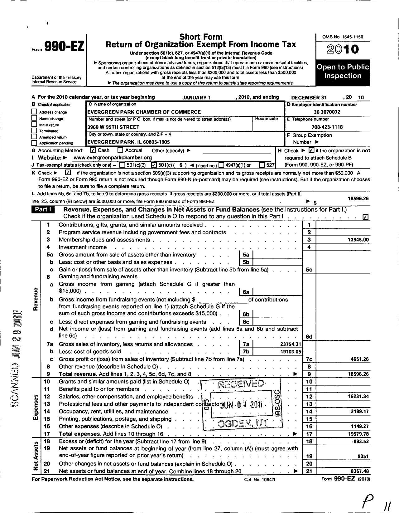 Image of first page of 2010 Form 990EO for Evergreen Park Chamber of Commerce