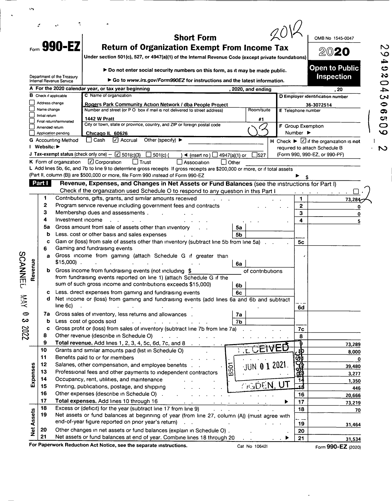 Image of first page of 2020 Form 990EZ for Rogers Park Community Action Network