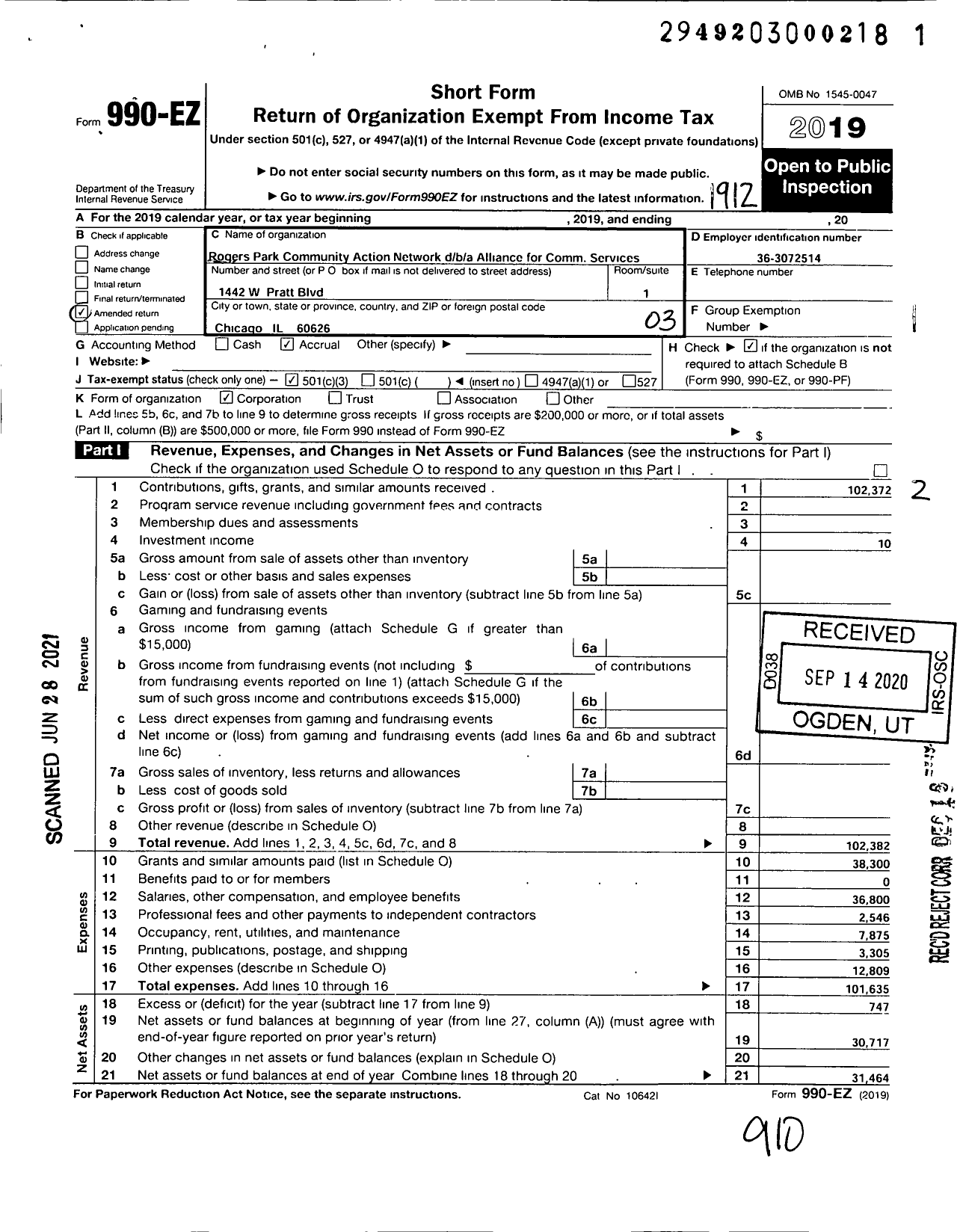 Image of first page of 2019 Form 990EZ for Rogers Park Community Action Network