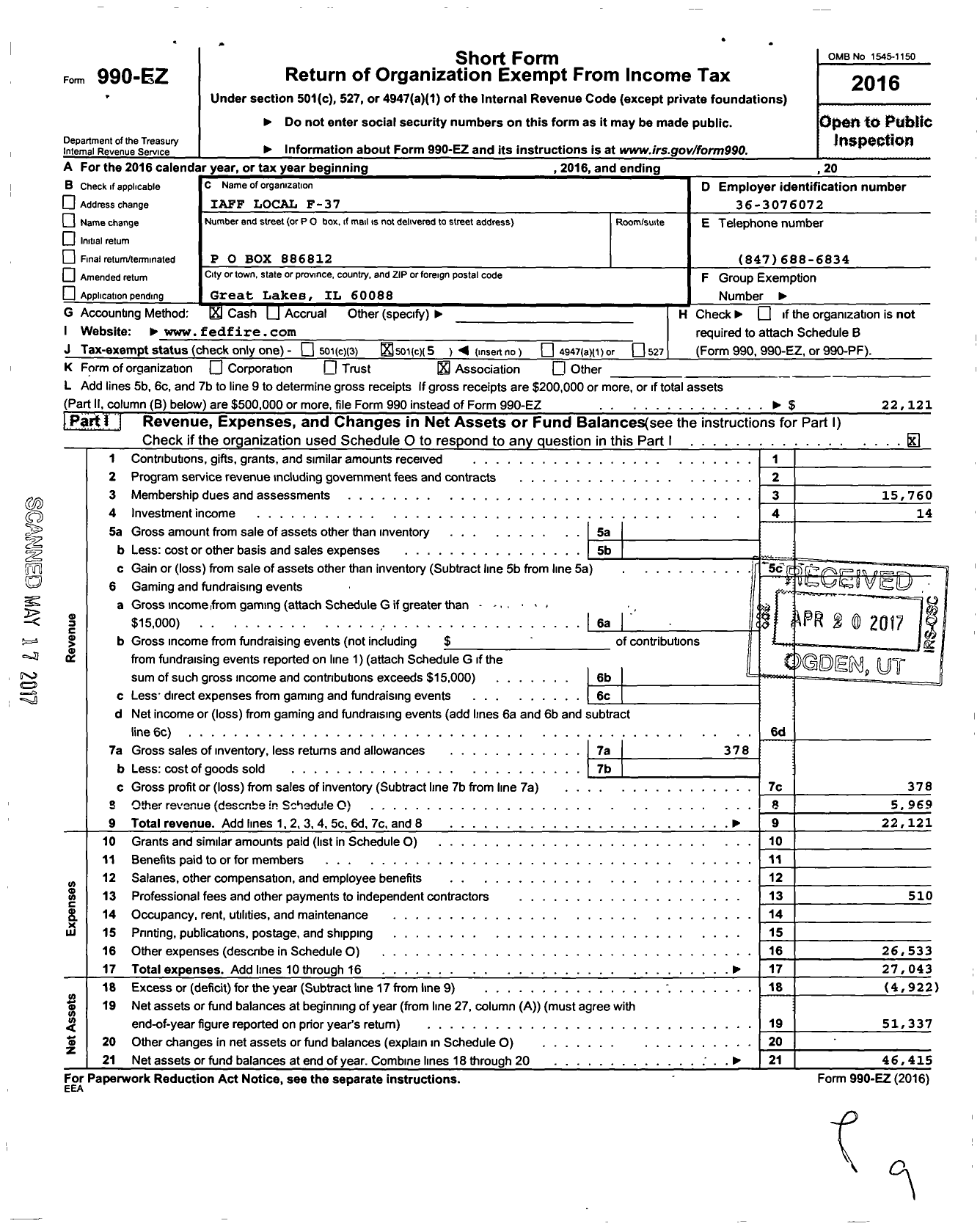 Image of first page of 2016 Form 990EO for International Association of Fire Fighters - F0037 Great Lakes Navel Training Ce