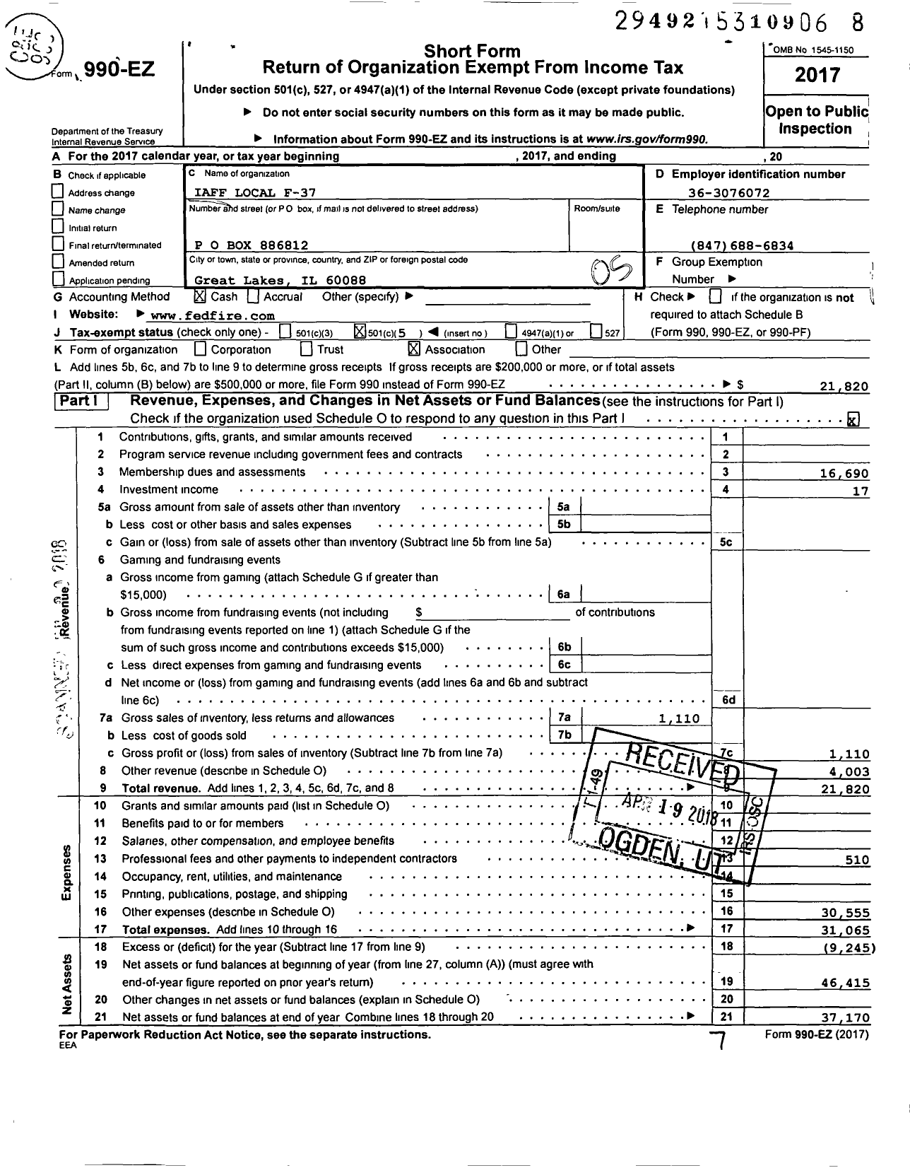 Image of first page of 2017 Form 990EO for International Association of Fire Fighters - F0037 Great Lakes Navel Training Ce