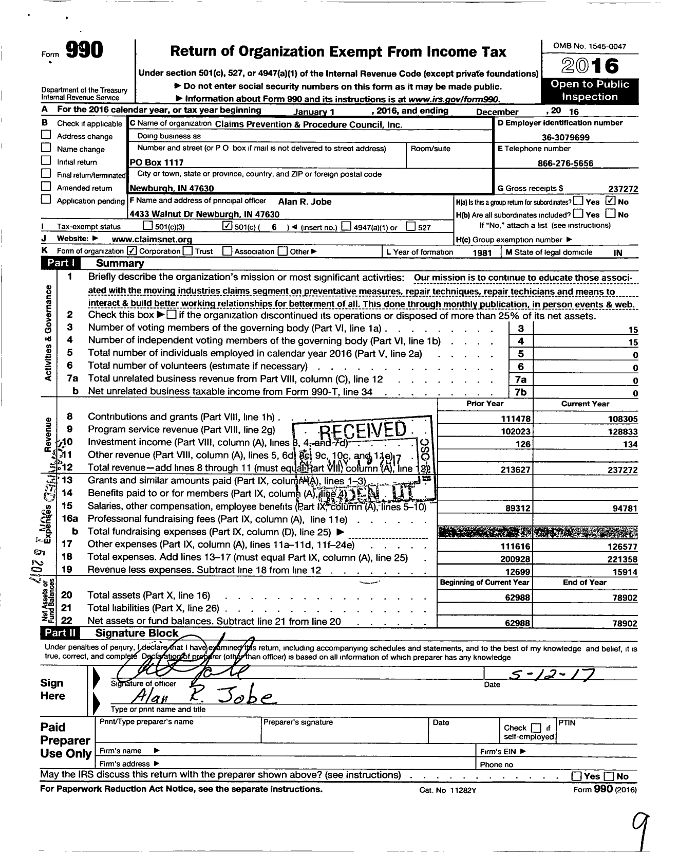 Image of first page of 2016 Form 990O for Claims Prevention and Procedure Council