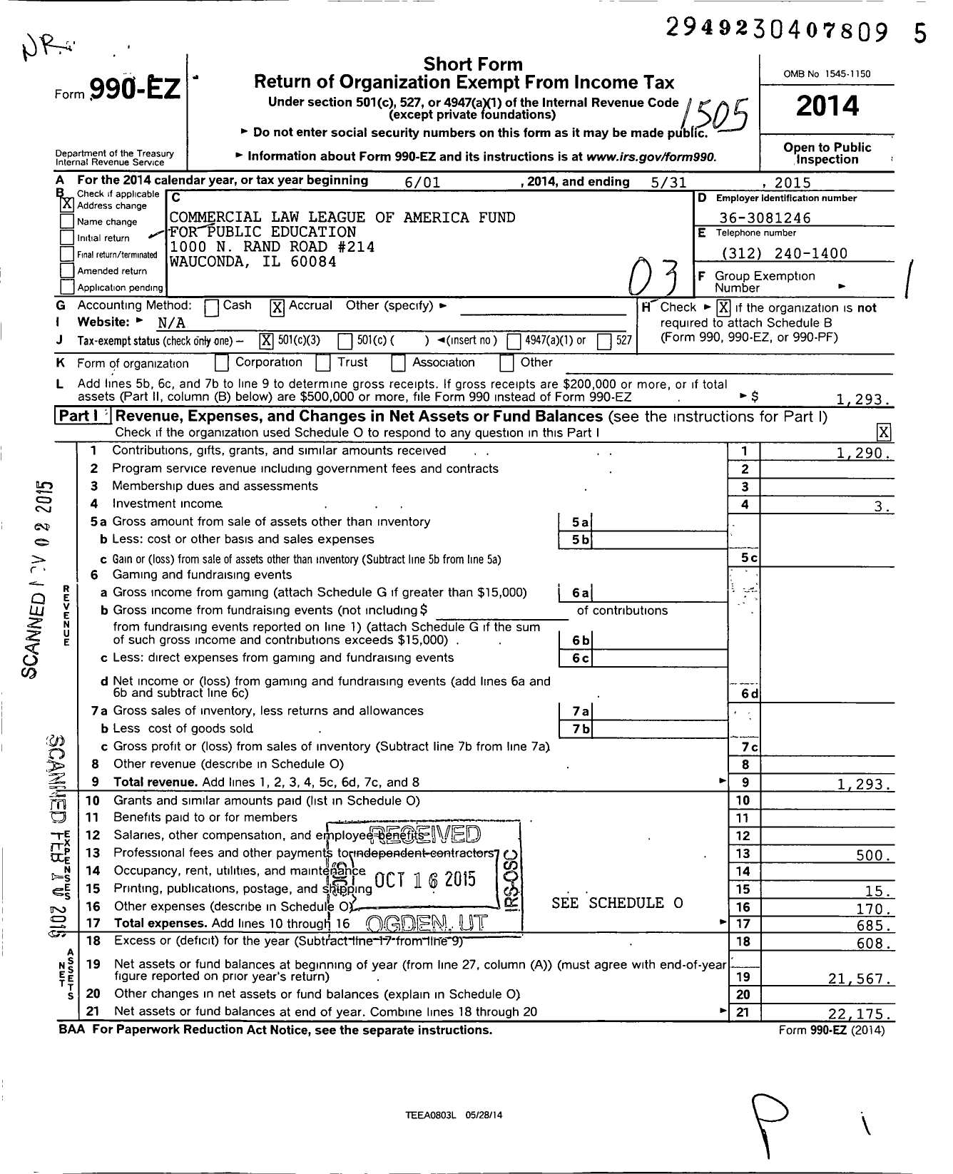 Image of first page of 2014 Form 990EZ for Commercial Law League of America Fund for Public Education