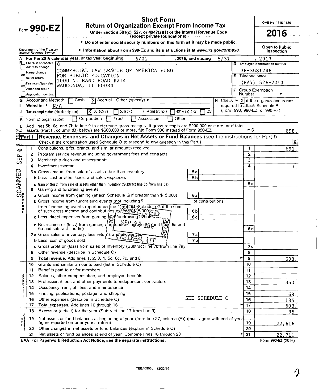 Image of first page of 2016 Form 990EZ for Commercial Law League of America Fund for Public Education