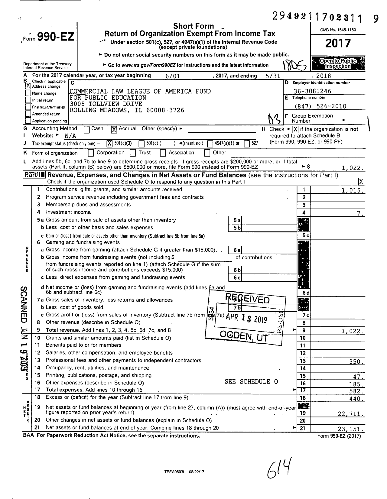 Image of first page of 2017 Form 990EZ for Commercial Law League of America Fund for Public Education