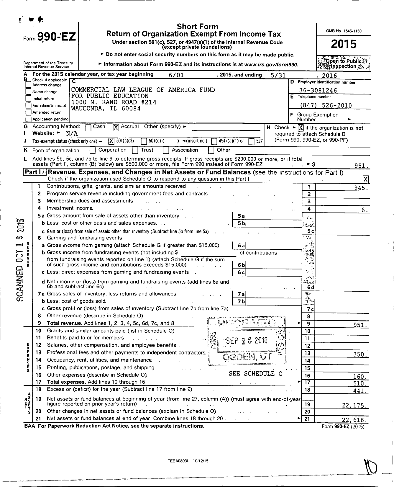 Image of first page of 2015 Form 990EZ for Commercial Law League of America Fund for Public Education