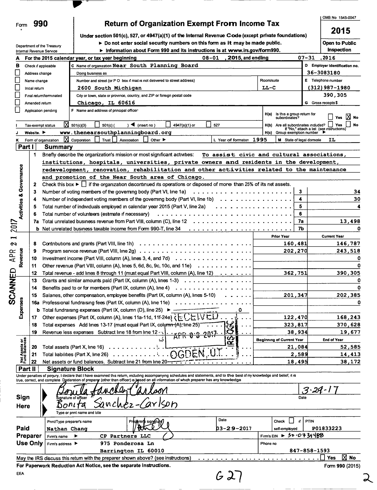 Image of first page of 2015 Form 990 for Near South Planning Board