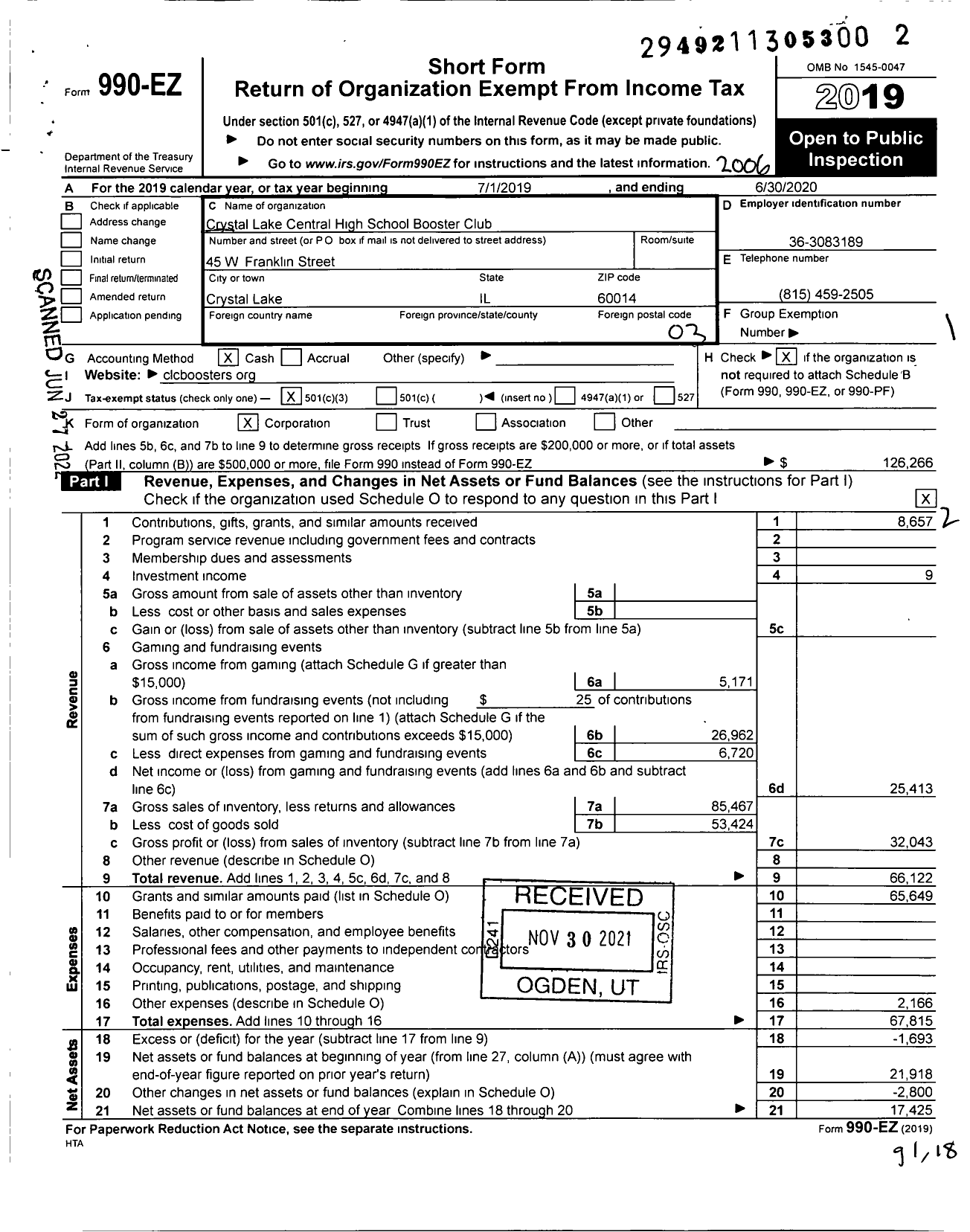 Image of first page of 2019 Form 990EZ for Crystal Lake Central High School Booster Club