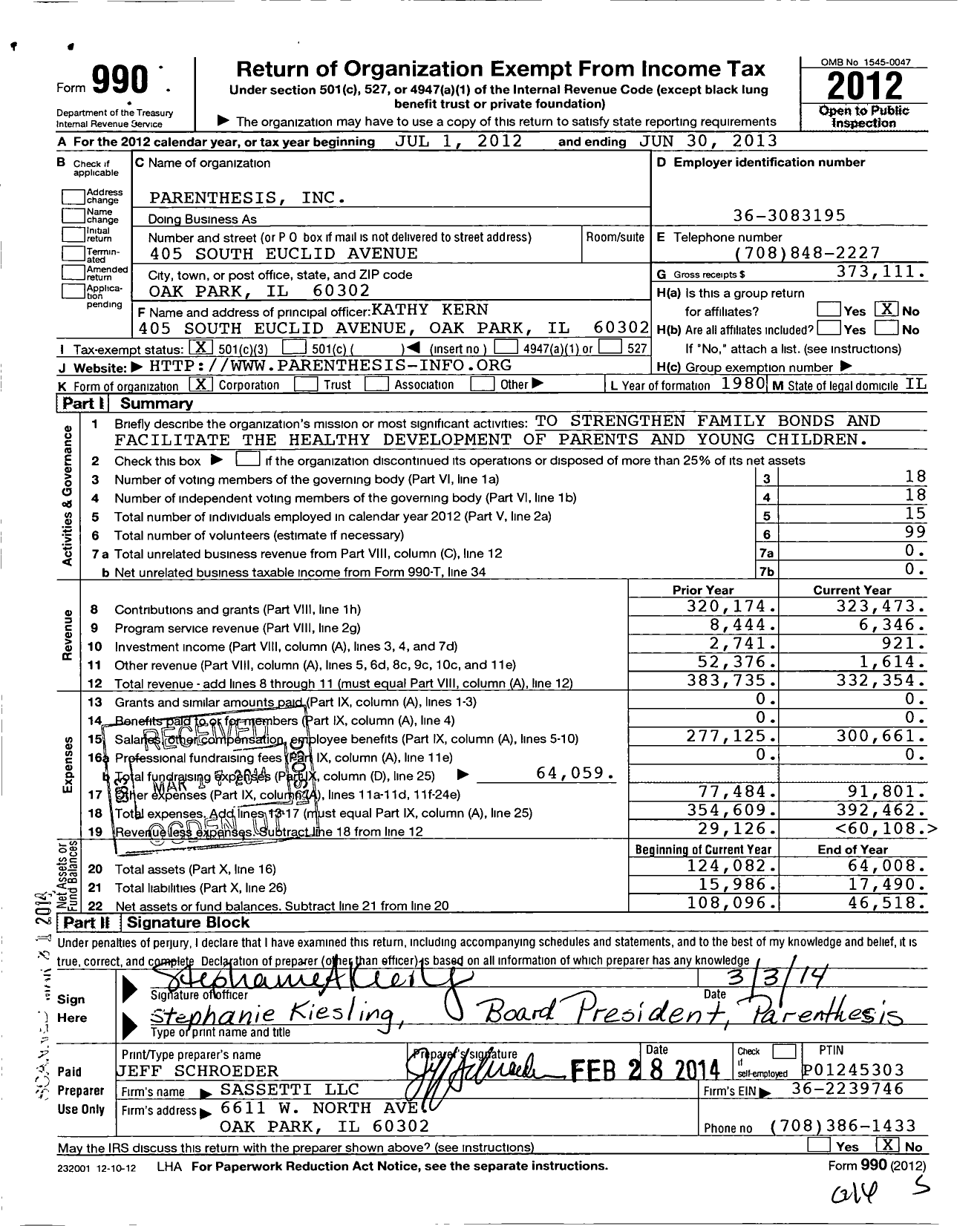 Image of first page of 2012 Form 990 for Parenthesis