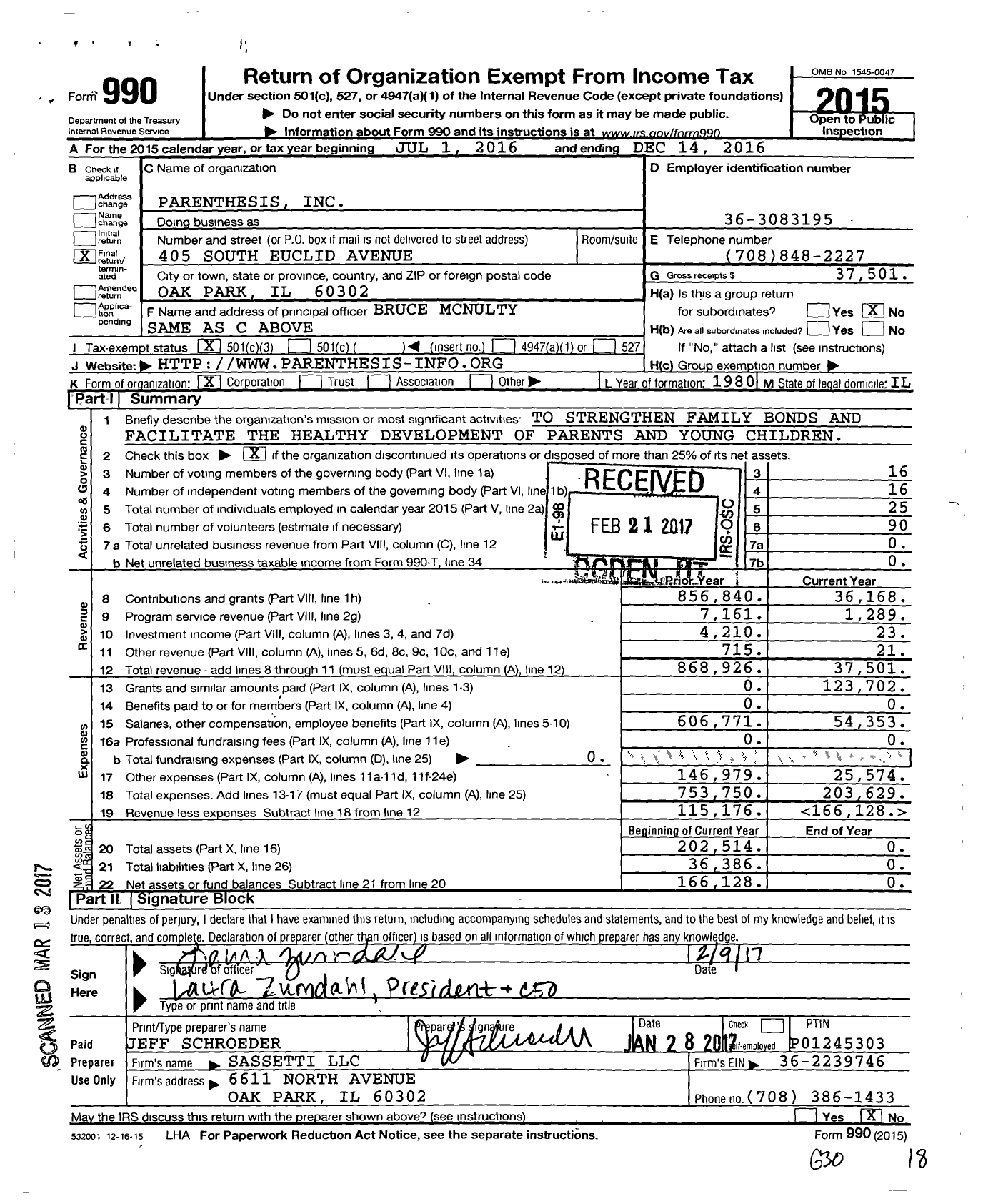 Image of first page of 2016 Form 990 for Parenthesis