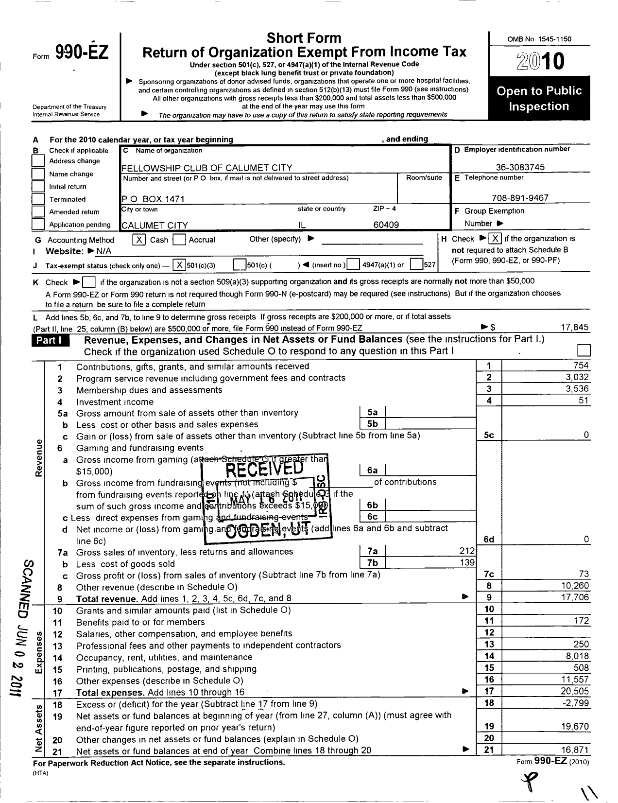 Image of first page of 2010 Form 990EZ for Fellowship Club of Calumet City