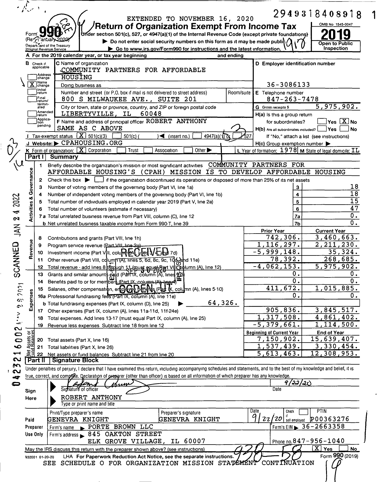 Image of first page of 2019 Form 990 for Community Partners for Affordable Housing