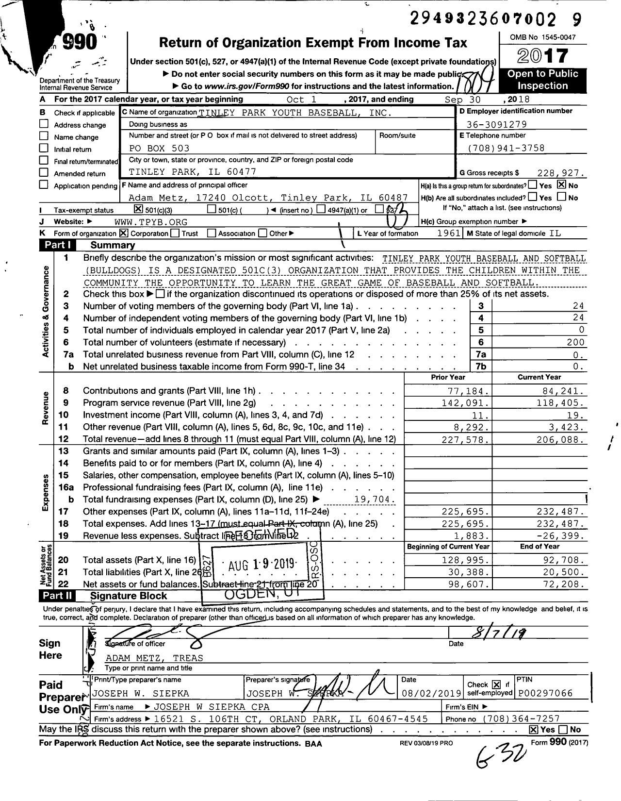 Image of first page of 2017 Form 990 for Tinley Park Youth Baseball