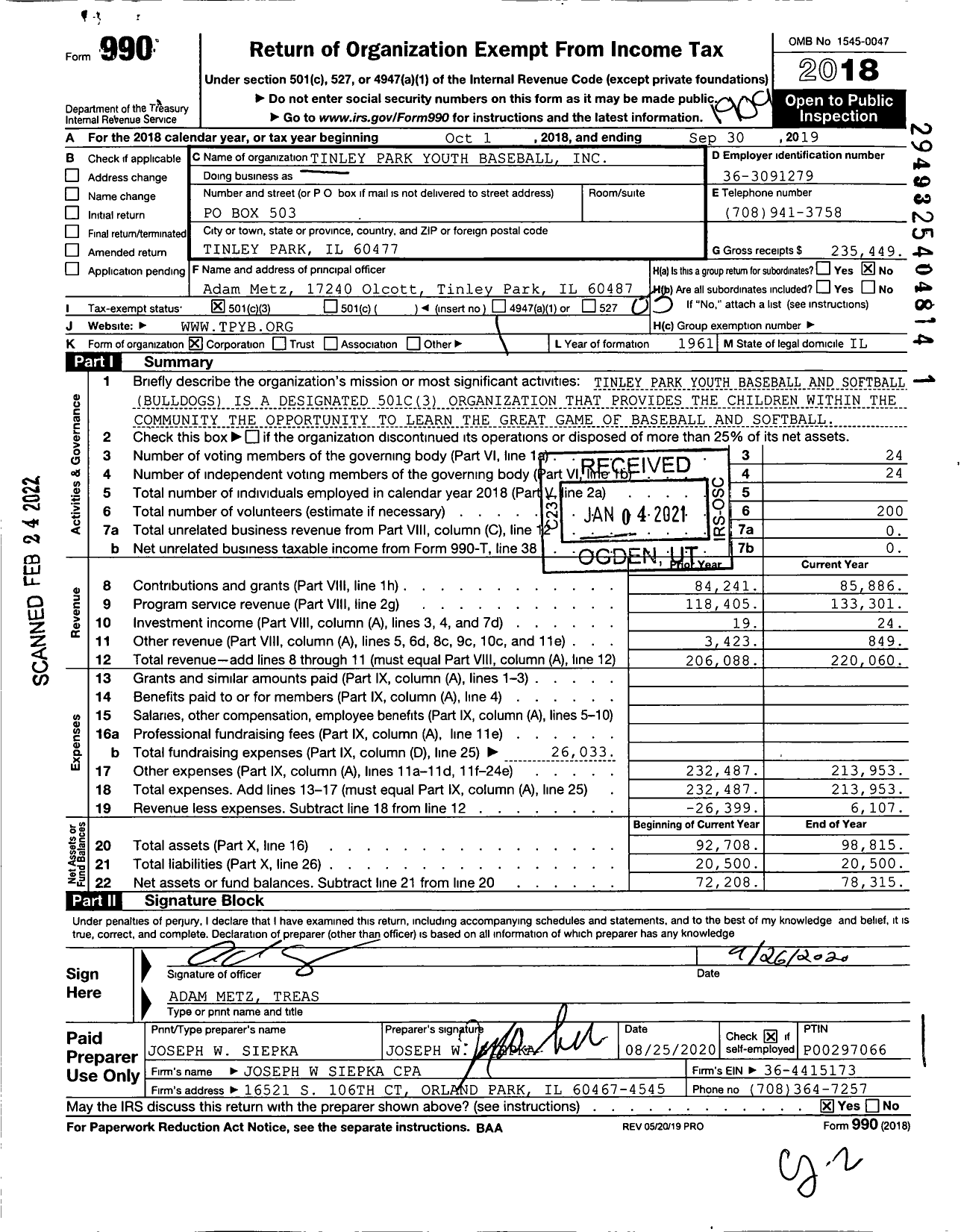 Image of first page of 2018 Form 990 for Tinley Park Youth Baseball