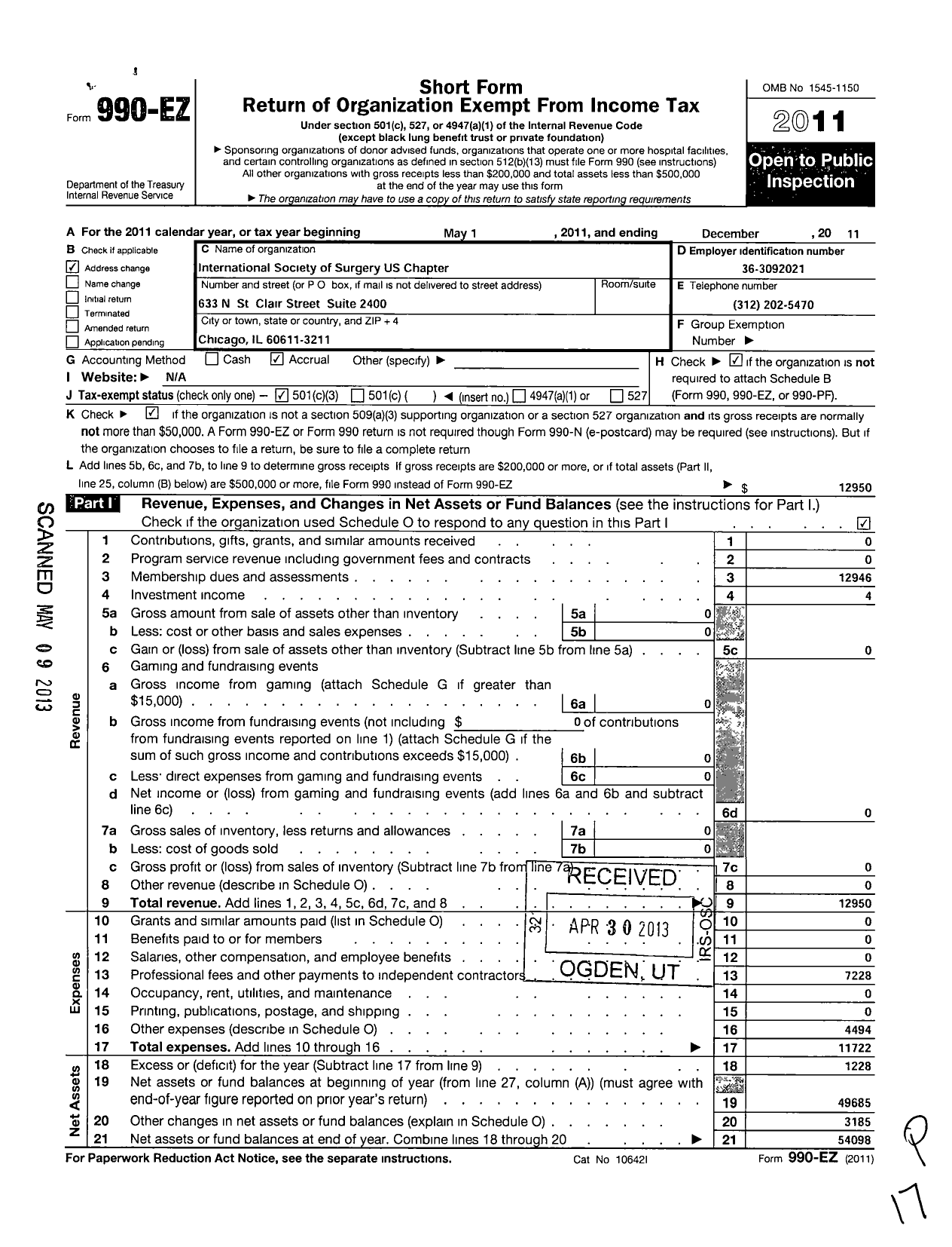 Image of first page of 2011 Form 990EZ for International Society of Surgery Us Chapter