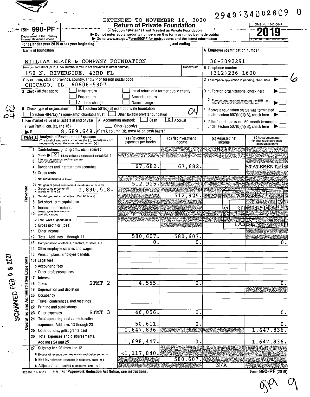 Image of first page of 2019 Form 990PF for William Blair and Company Foundation