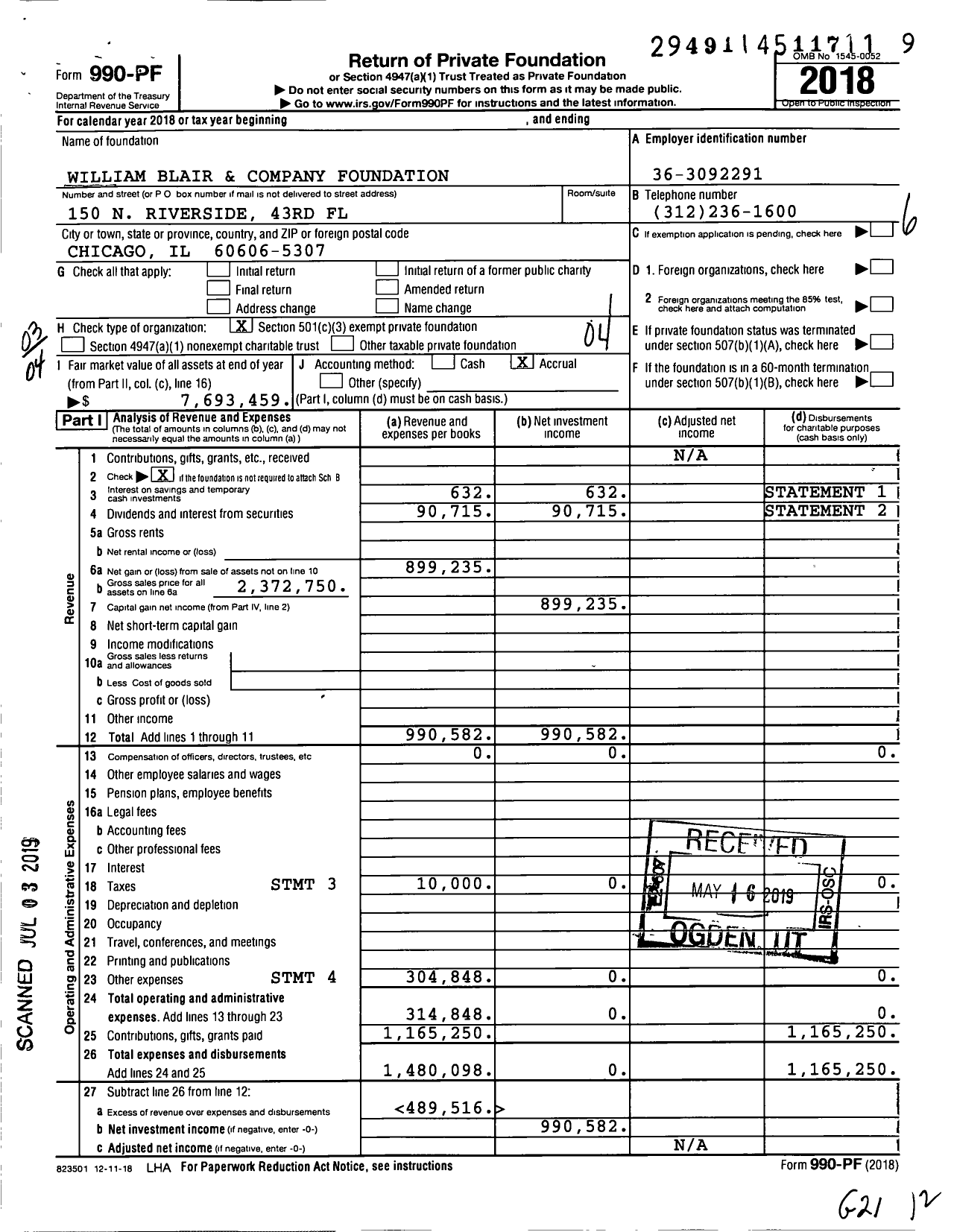 Image of first page of 2018 Form 990PF for William Blair and Company Foundation