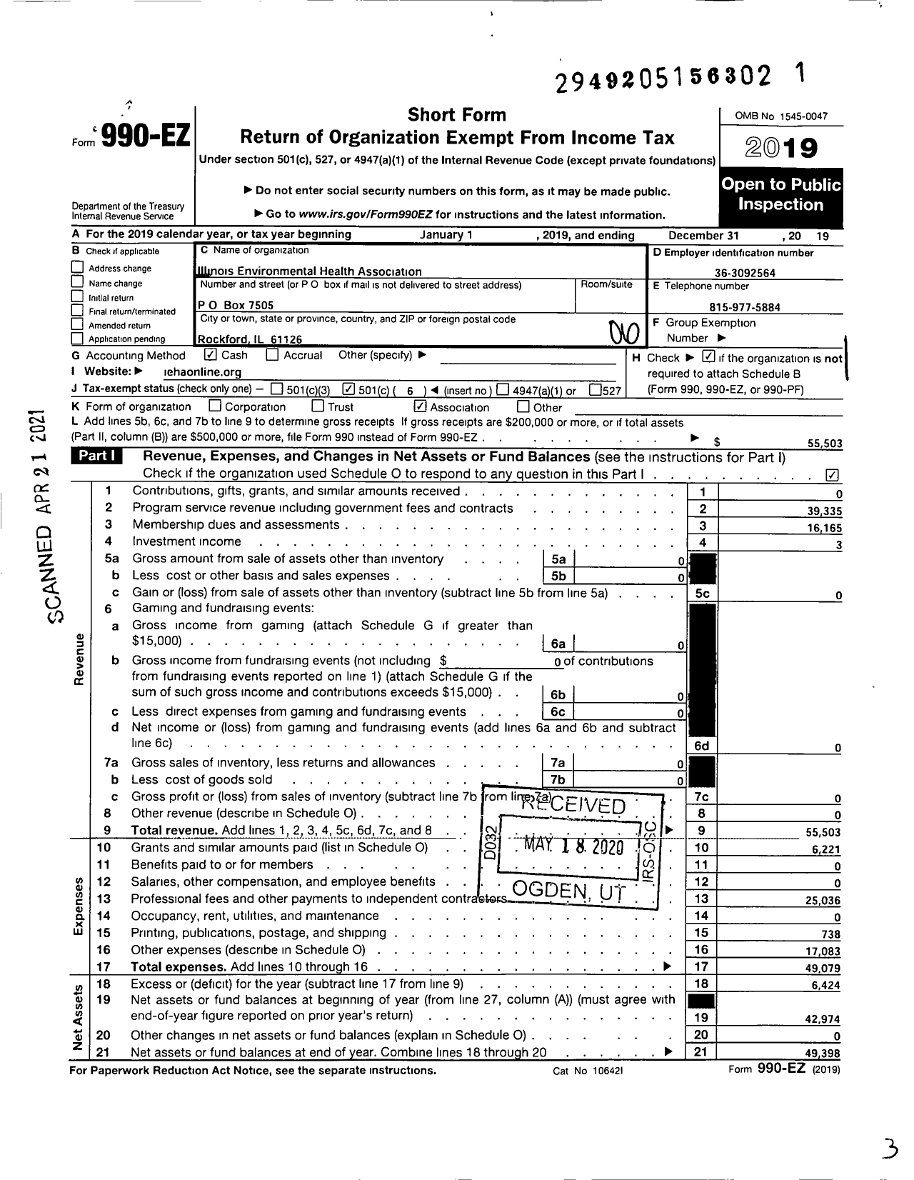 Image of first page of 2019 Form 990EO for Illinois Environmental Health Association Incorporated