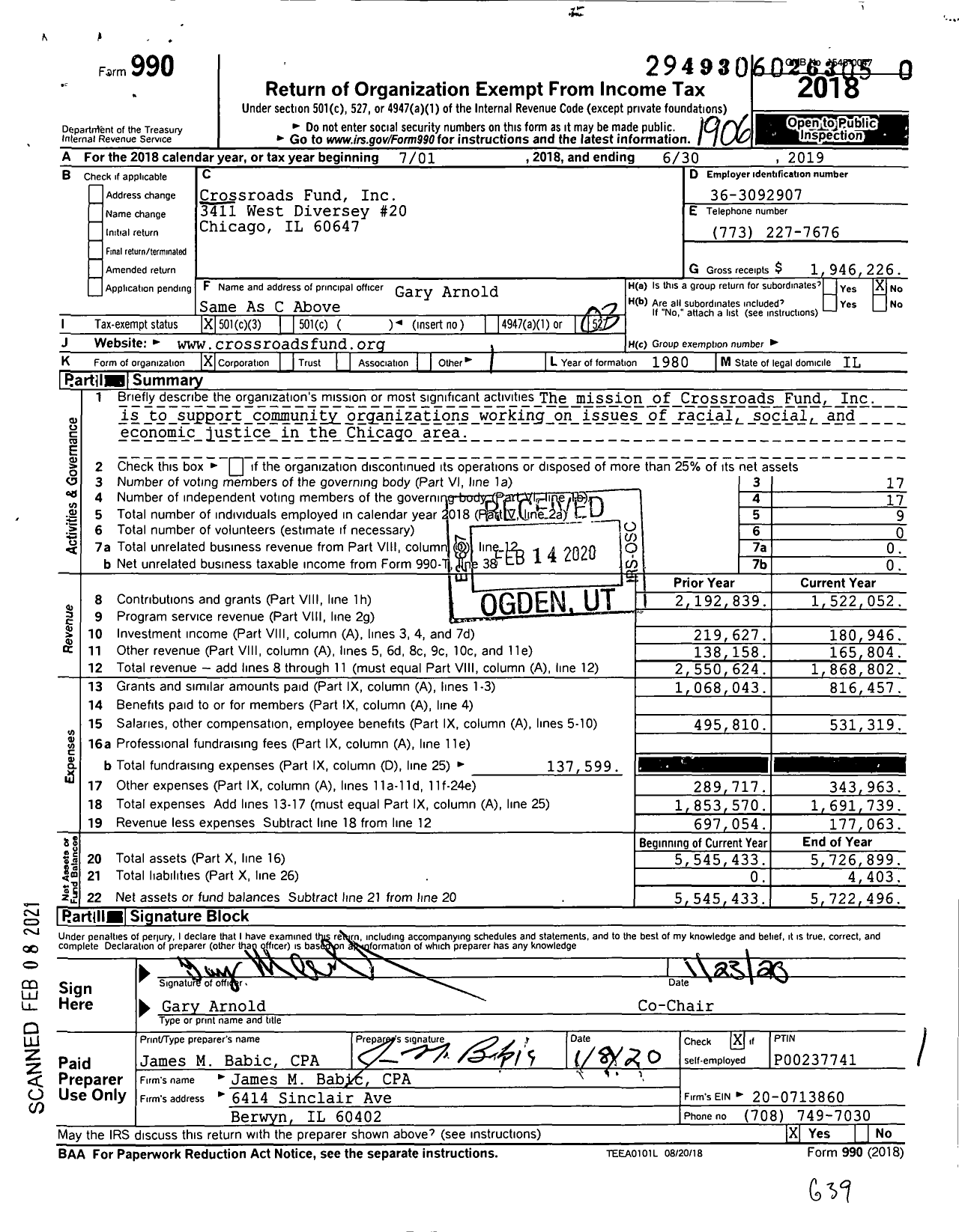 Image of first page of 2018 Form 990 for Crossroads Fund