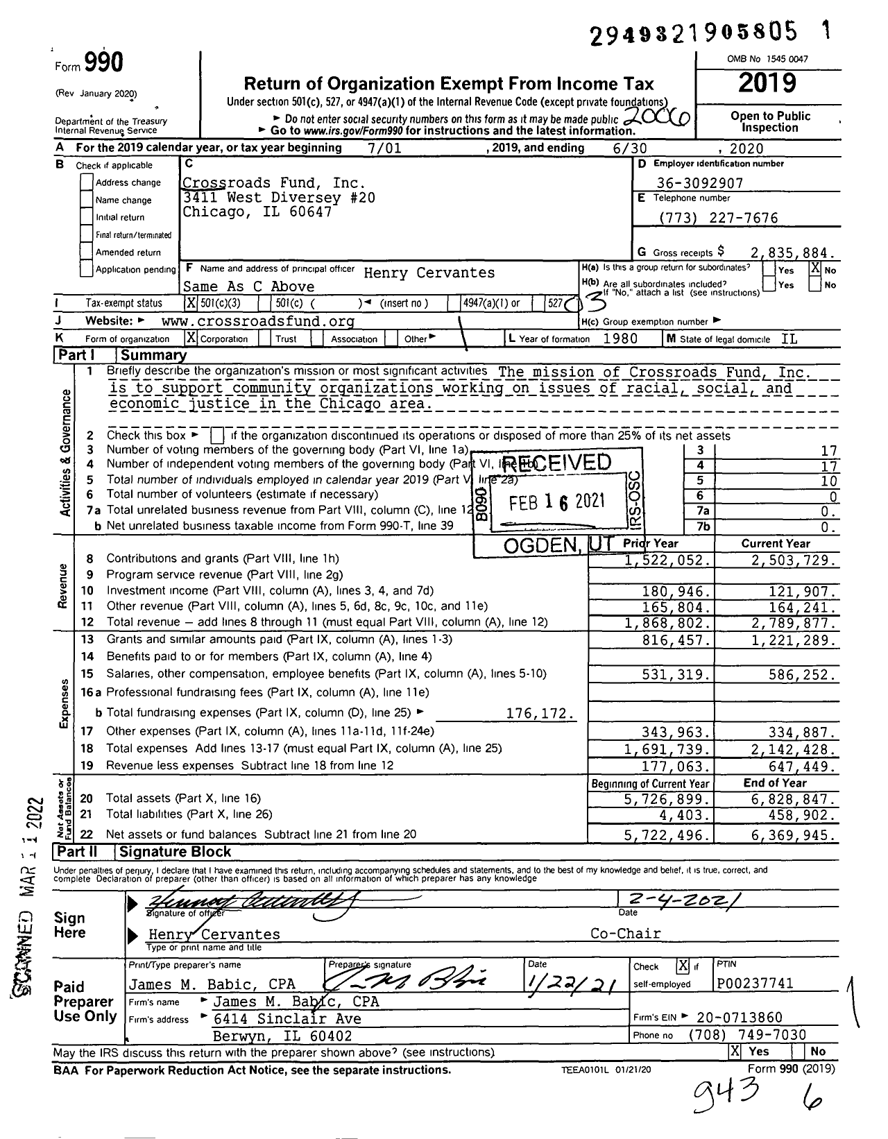 Image of first page of 2019 Form 990 for Crossroads Fund