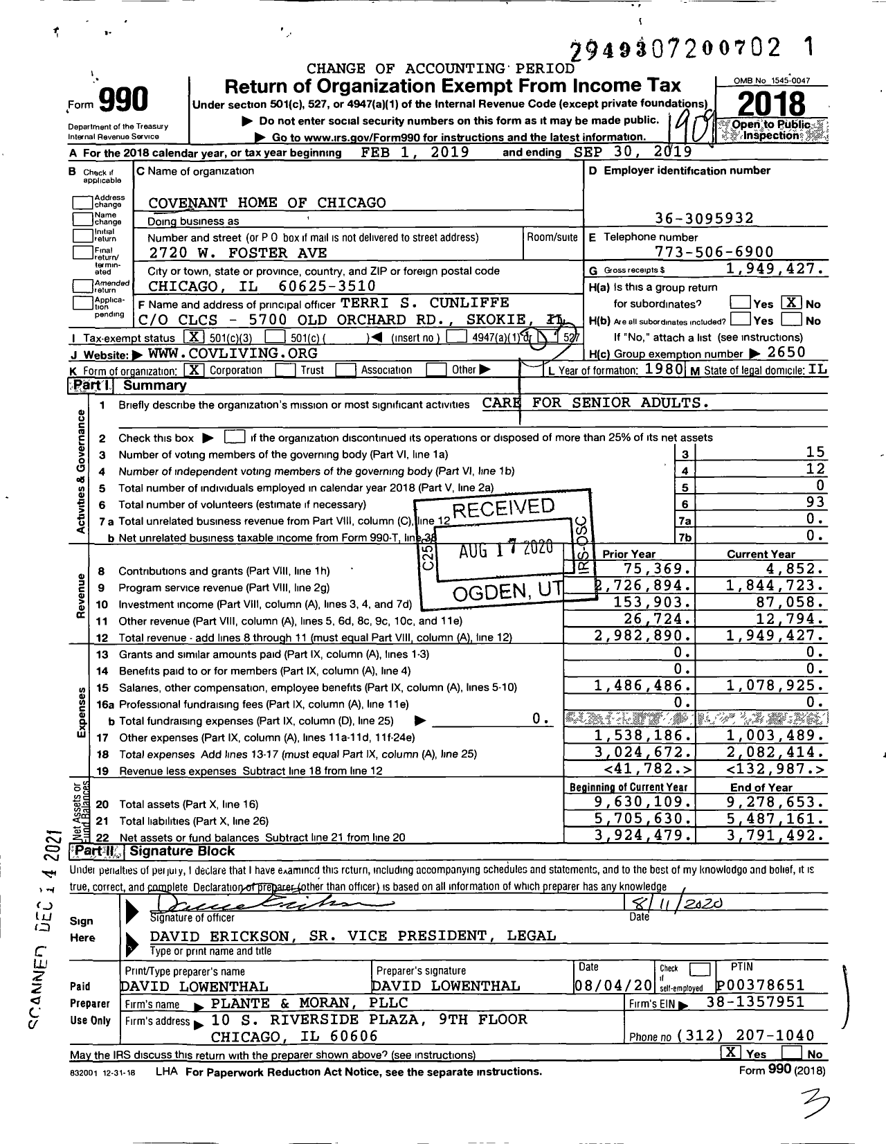 Image of first page of 2018 Form 990 for Covenant Home of Chicago