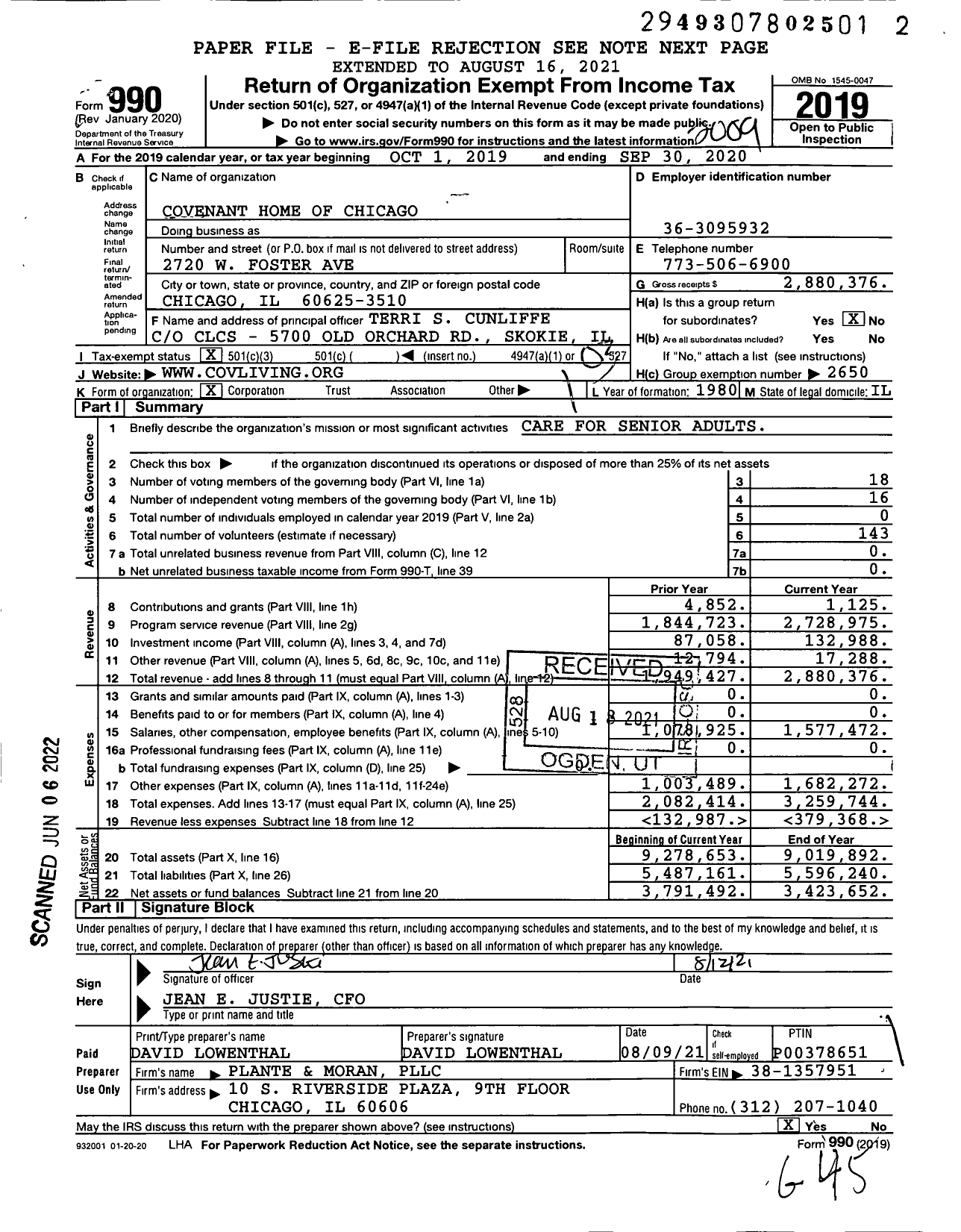 Image of first page of 2019 Form 990 for Covenant Home of Chicago