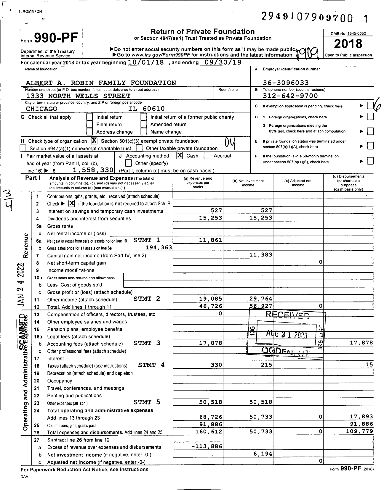 Image of first page of 2018 Form 990PF for Albert A Robin Family Foundation