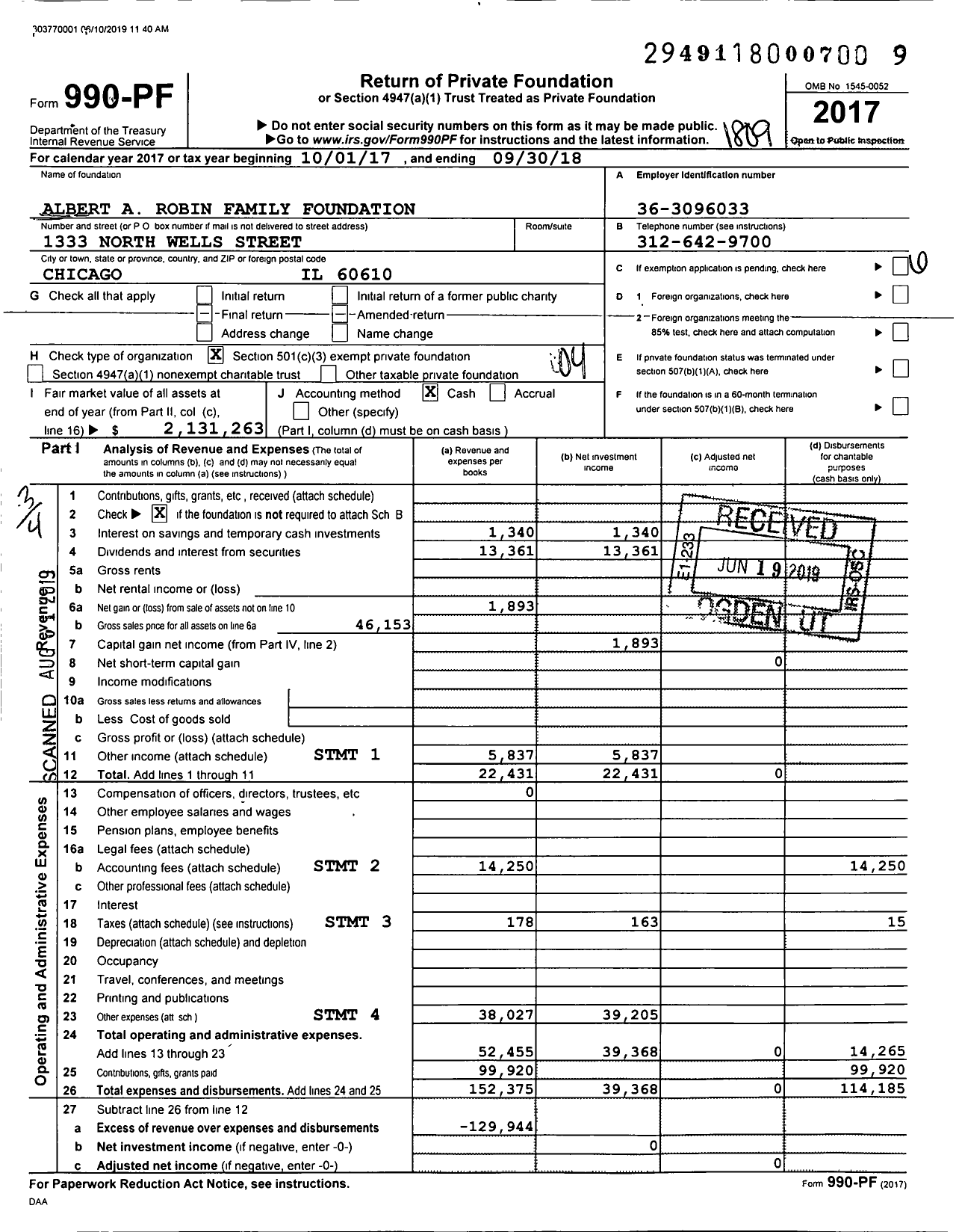 Image of first page of 2017 Form 990PF for Albert A Robin Family Foundation