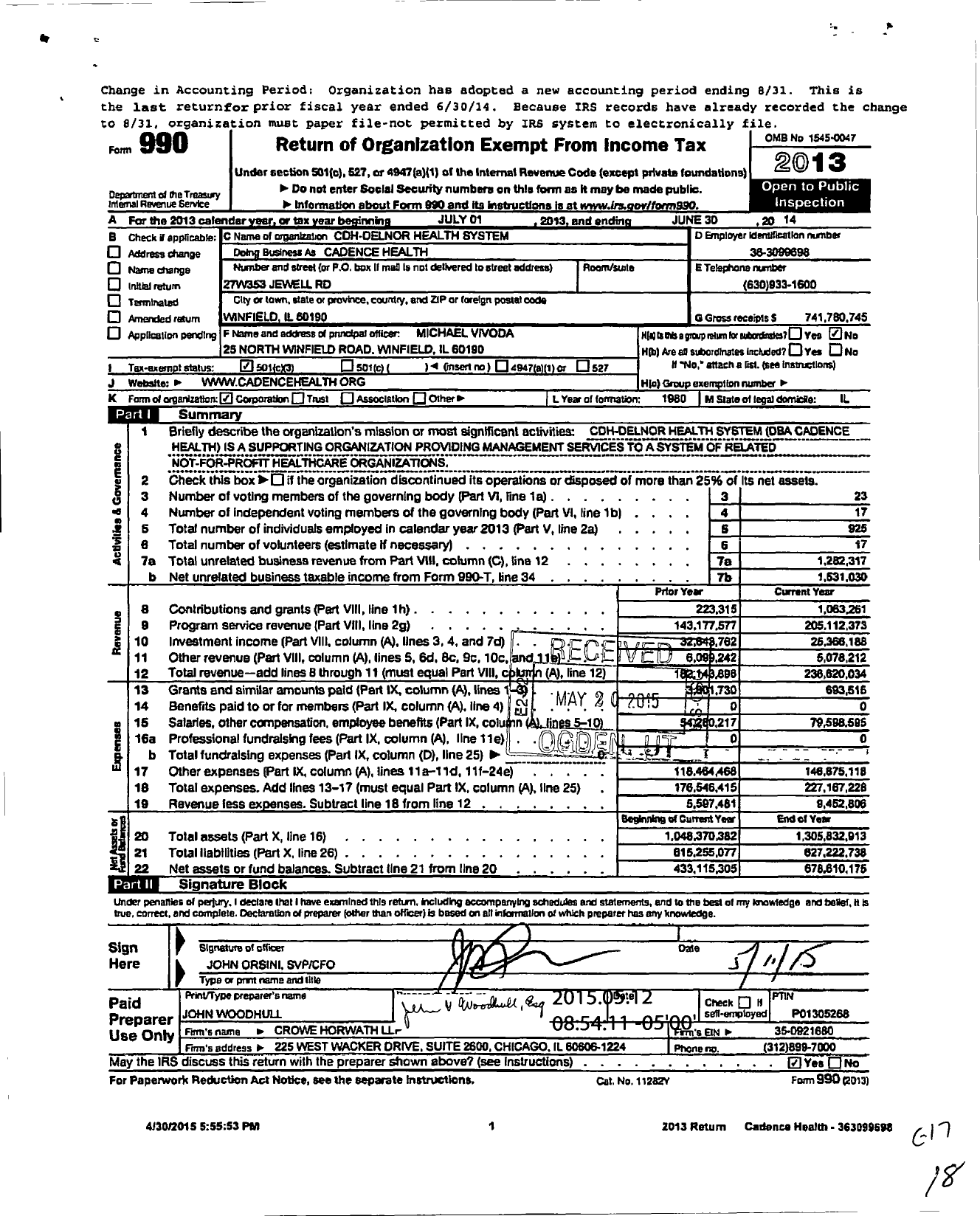 Image of first page of 2013 Form 990 for Cdh-Delnor Health System