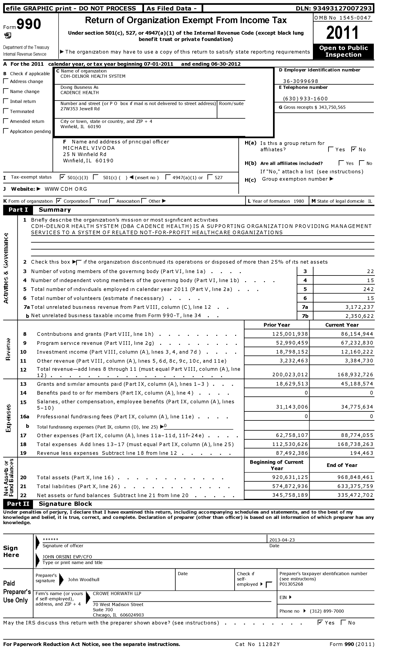 Image of first page of 2011 Form 990 for Cdh-Delnor Health System