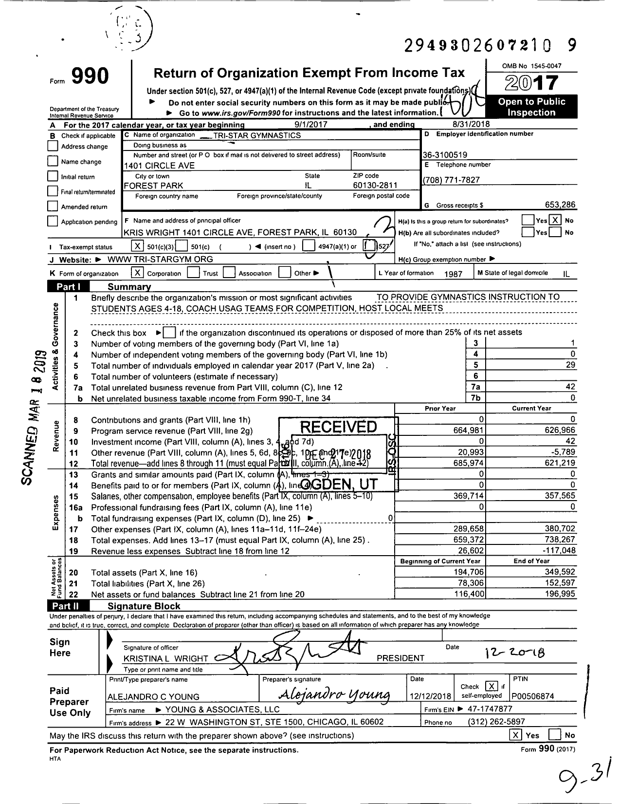 Image of first page of 2017 Form 990 for Tri-Star Gymnastics