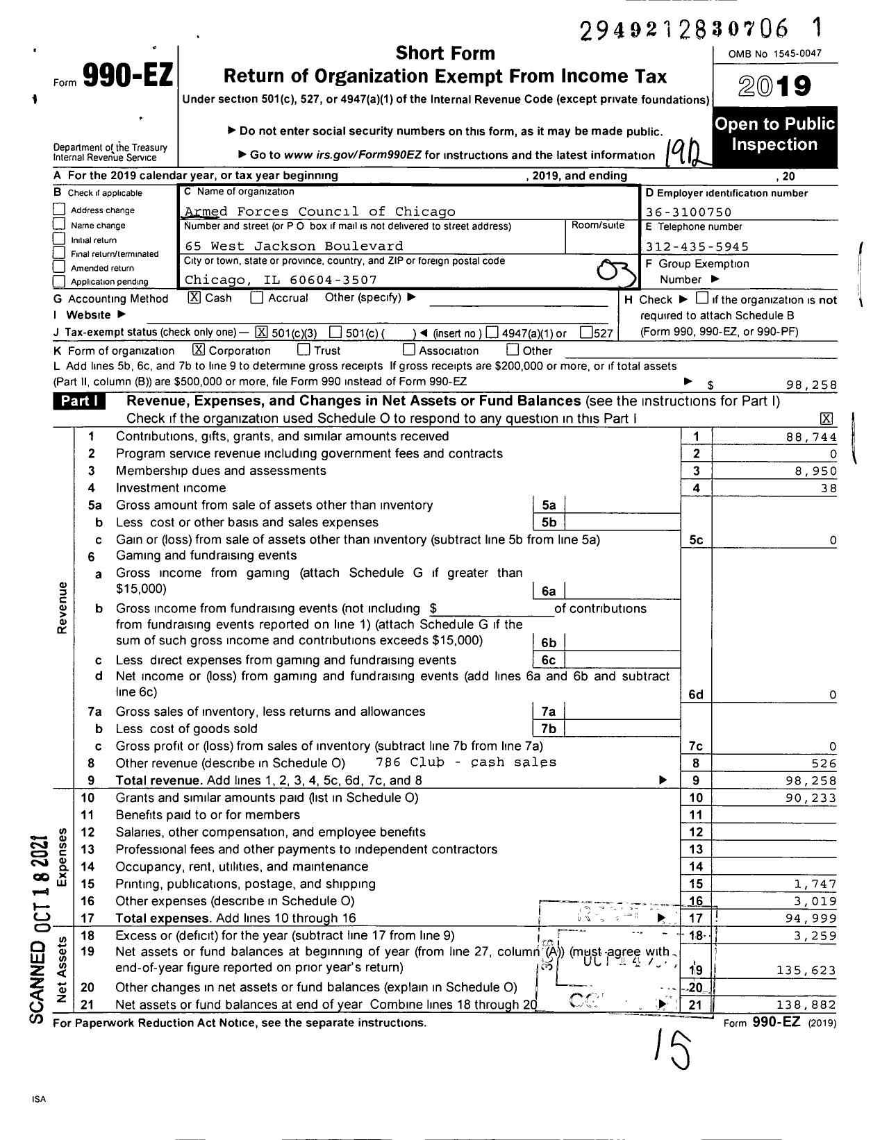 Image of first page of 2019 Form 990EZ for Armed Forces Council of Chicago