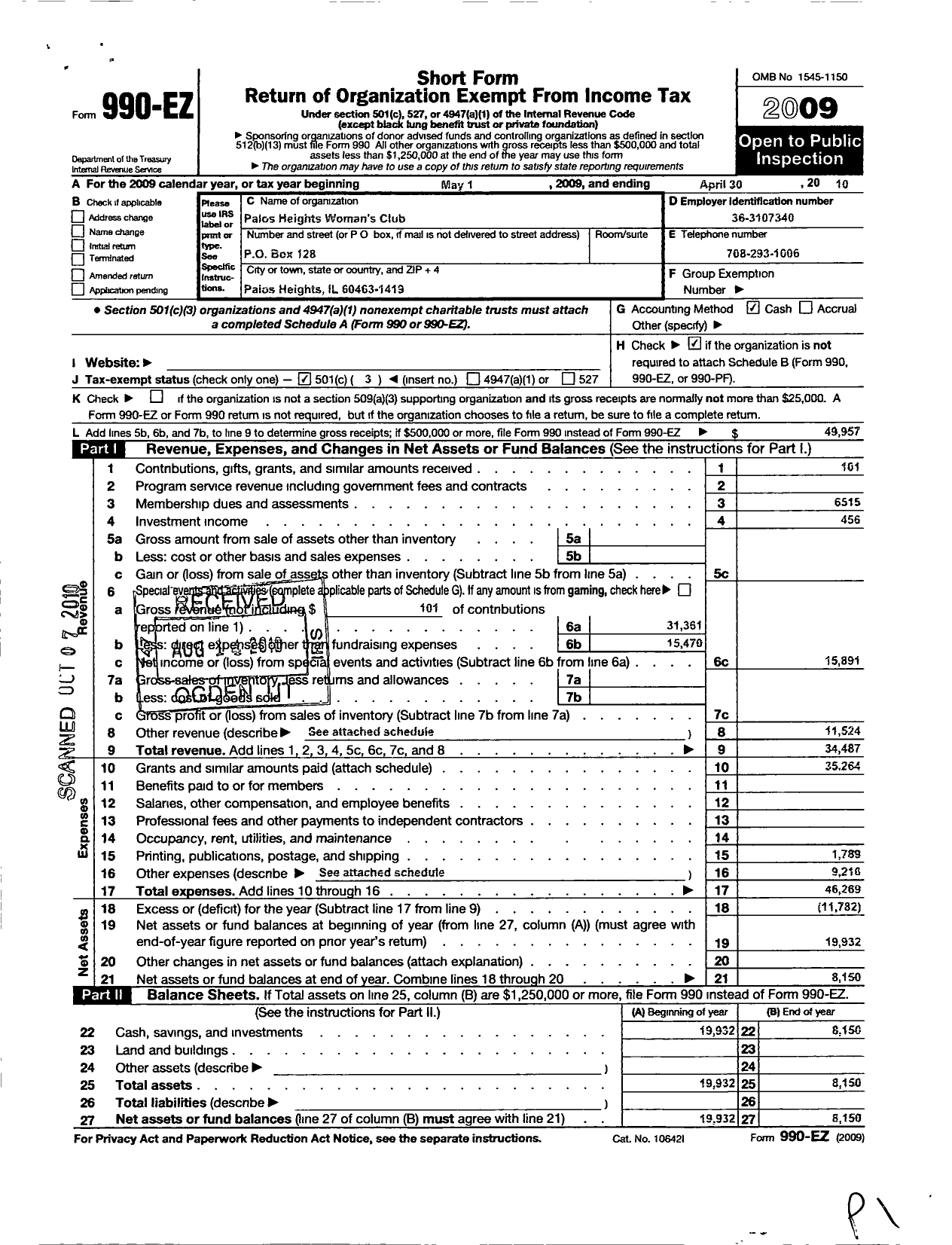 Image of first page of 2009 Form 990EZ for Palos Heights Womens Club