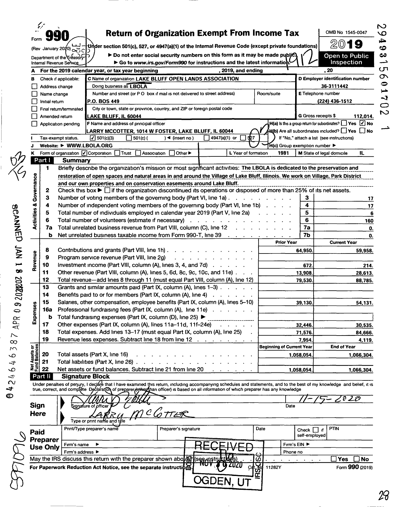 Image of first page of 2019 Form 990 for Lake Bluff Open Lands Association (LBOLA)