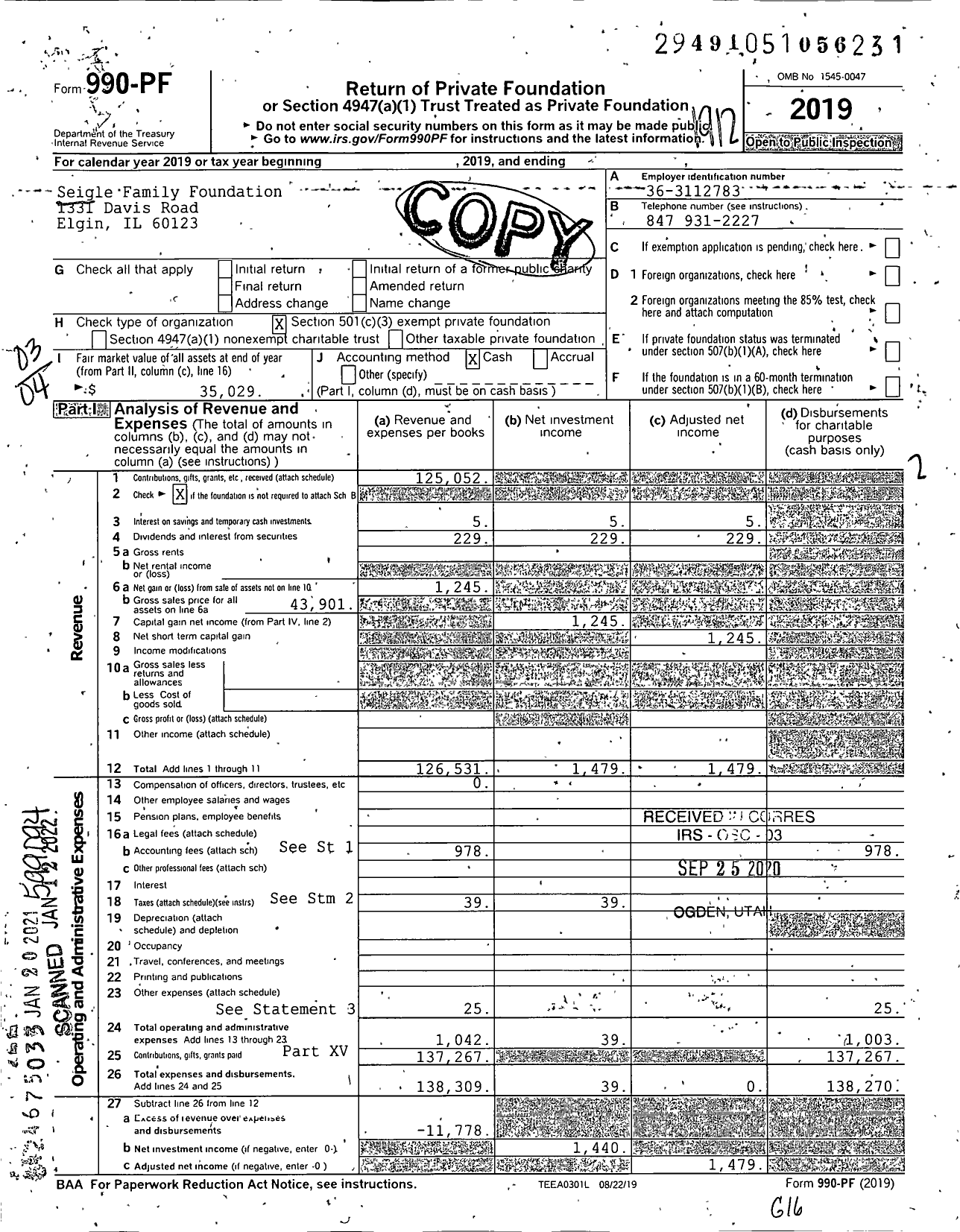 Image of first page of 2019 Form 990PF for Seigle Foundation