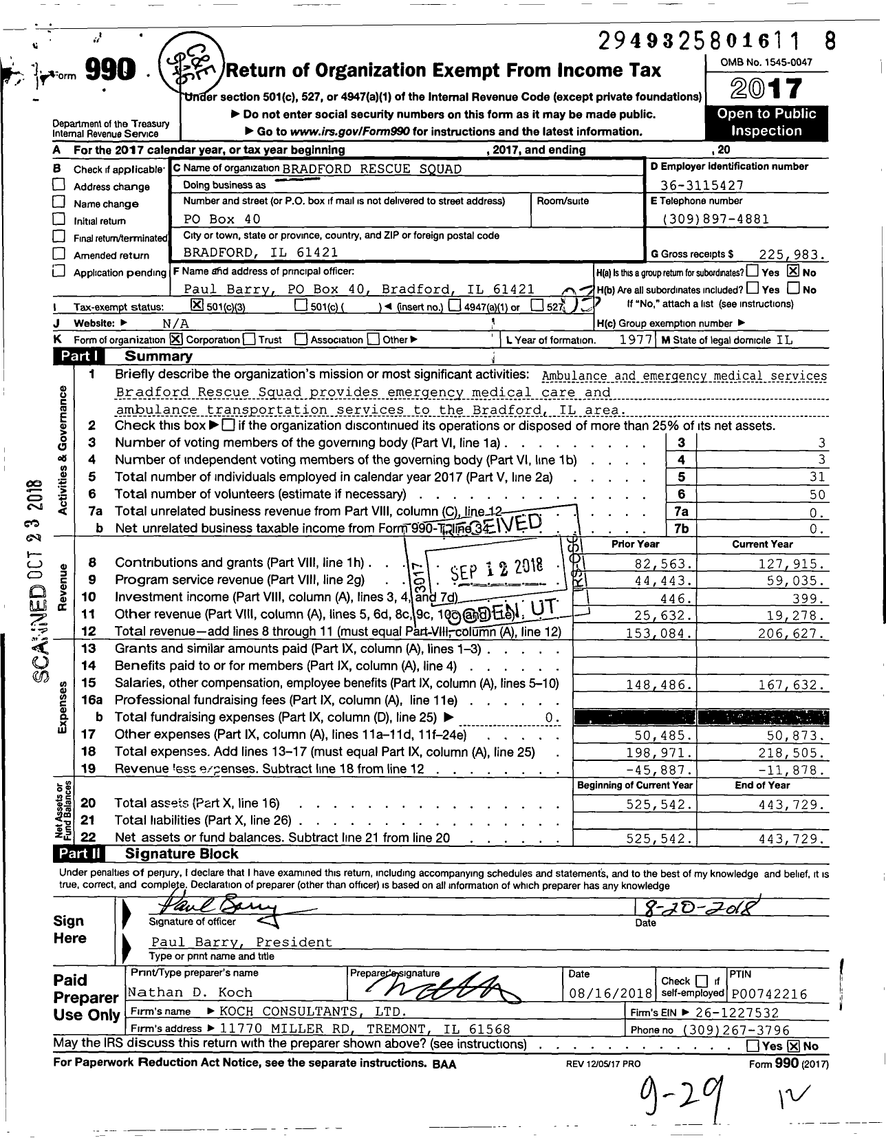 Image of first page of 2017 Form 990 for Bradford Rescue Squad