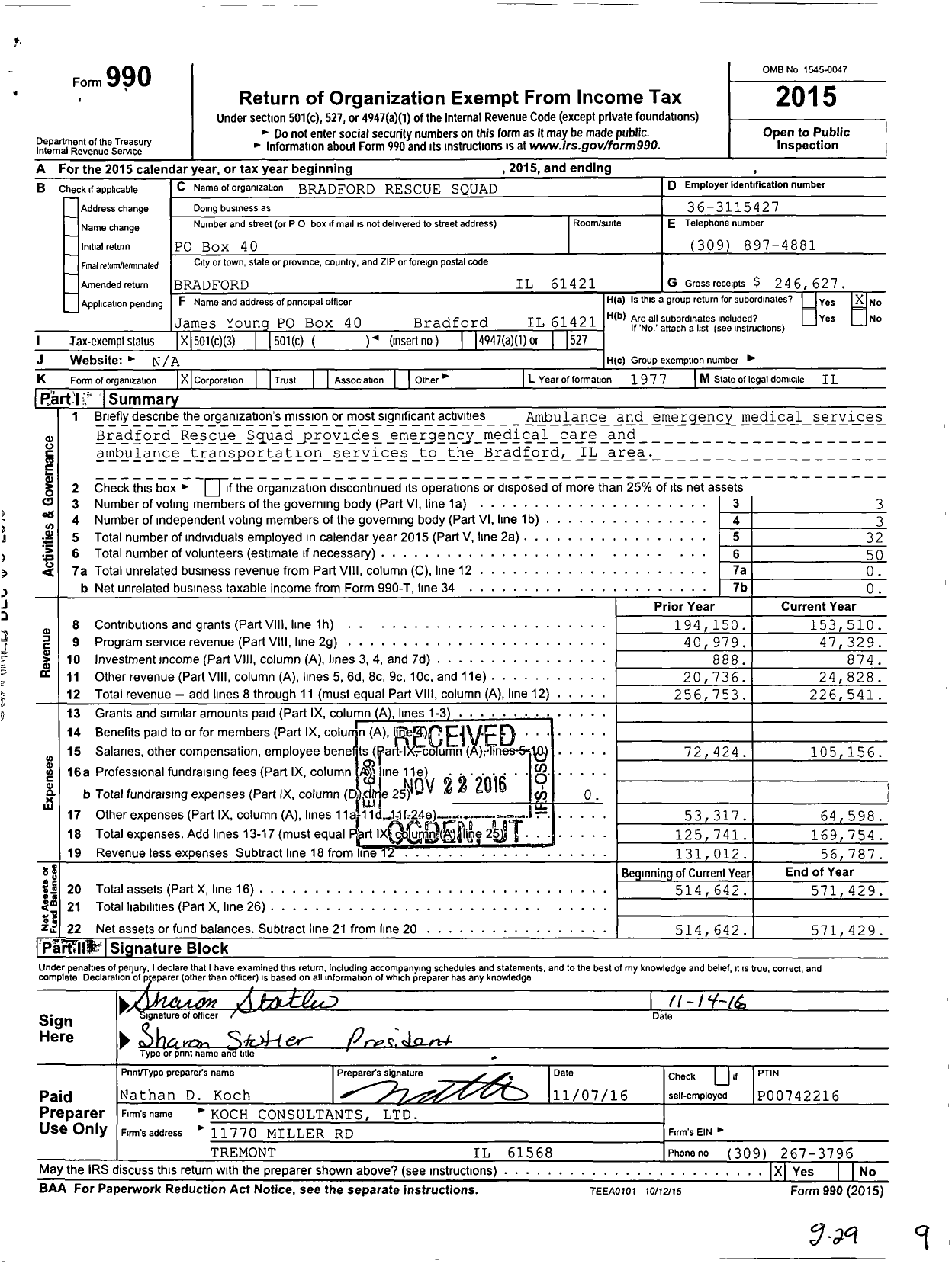 Image of first page of 2015 Form 990 for Bradford Rescue Squad