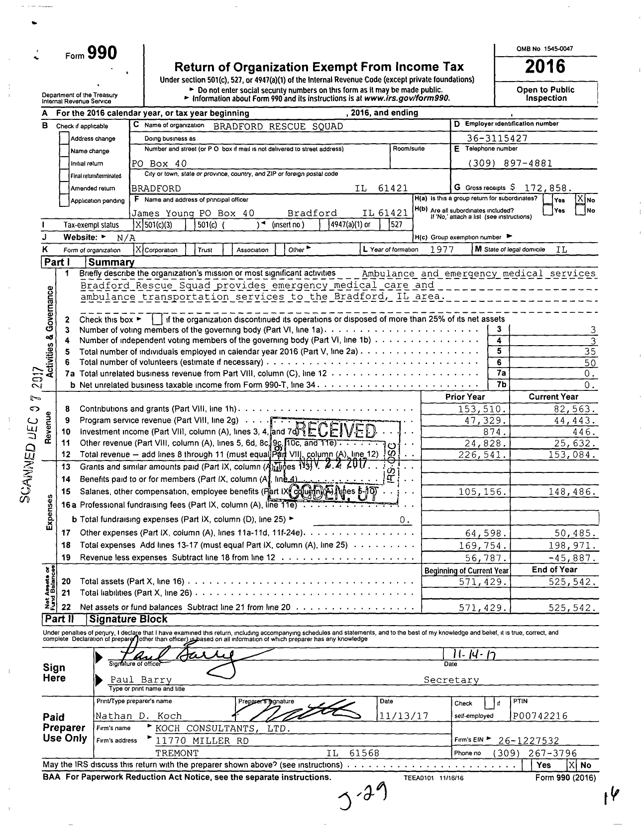 Image of first page of 2016 Form 990 for Bradford Rescue Squad