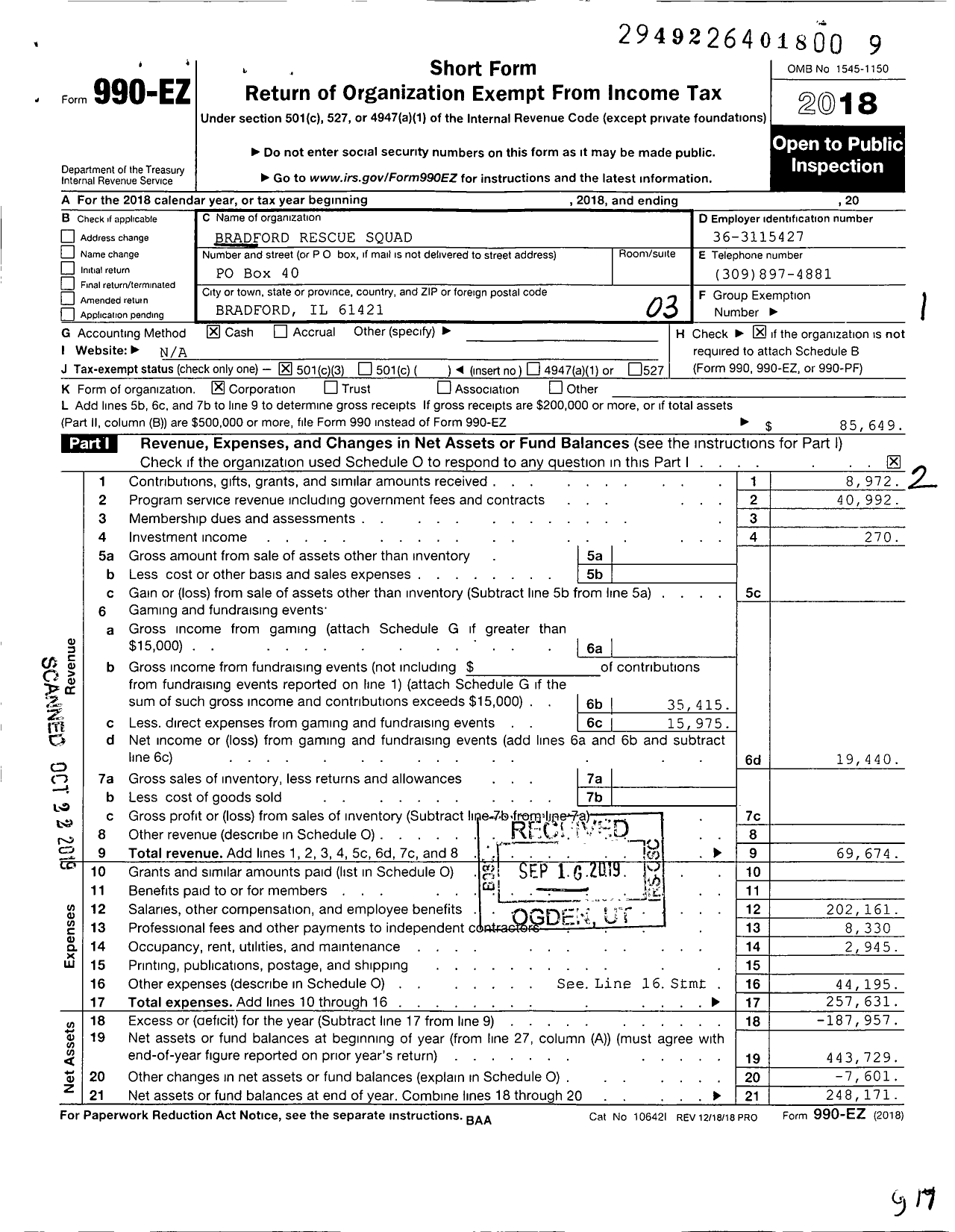 Image of first page of 2018 Form 990EZ for Bradford Rescue Squad