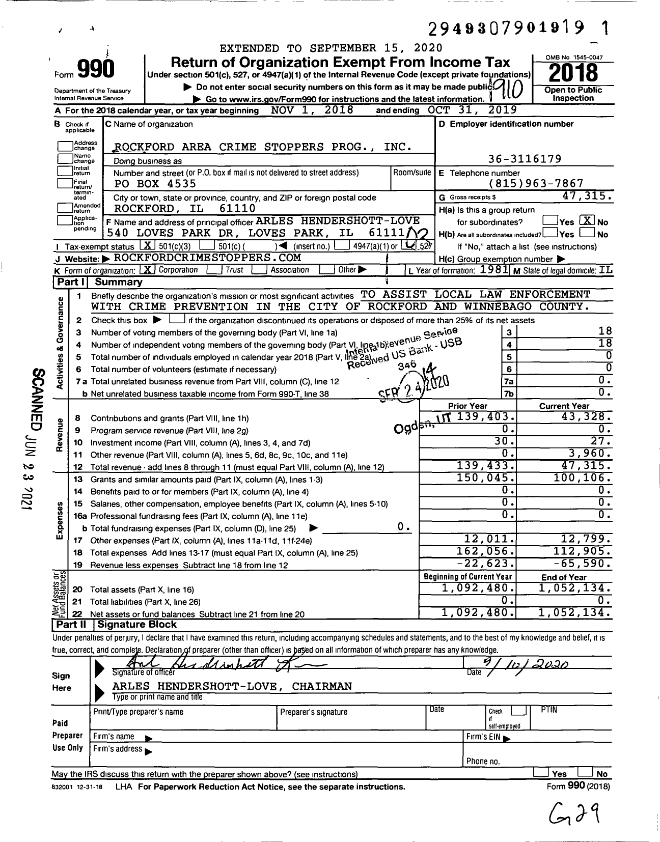 Image of first page of 2018 Form 990 for Rockford Area Crime Stoppers Program