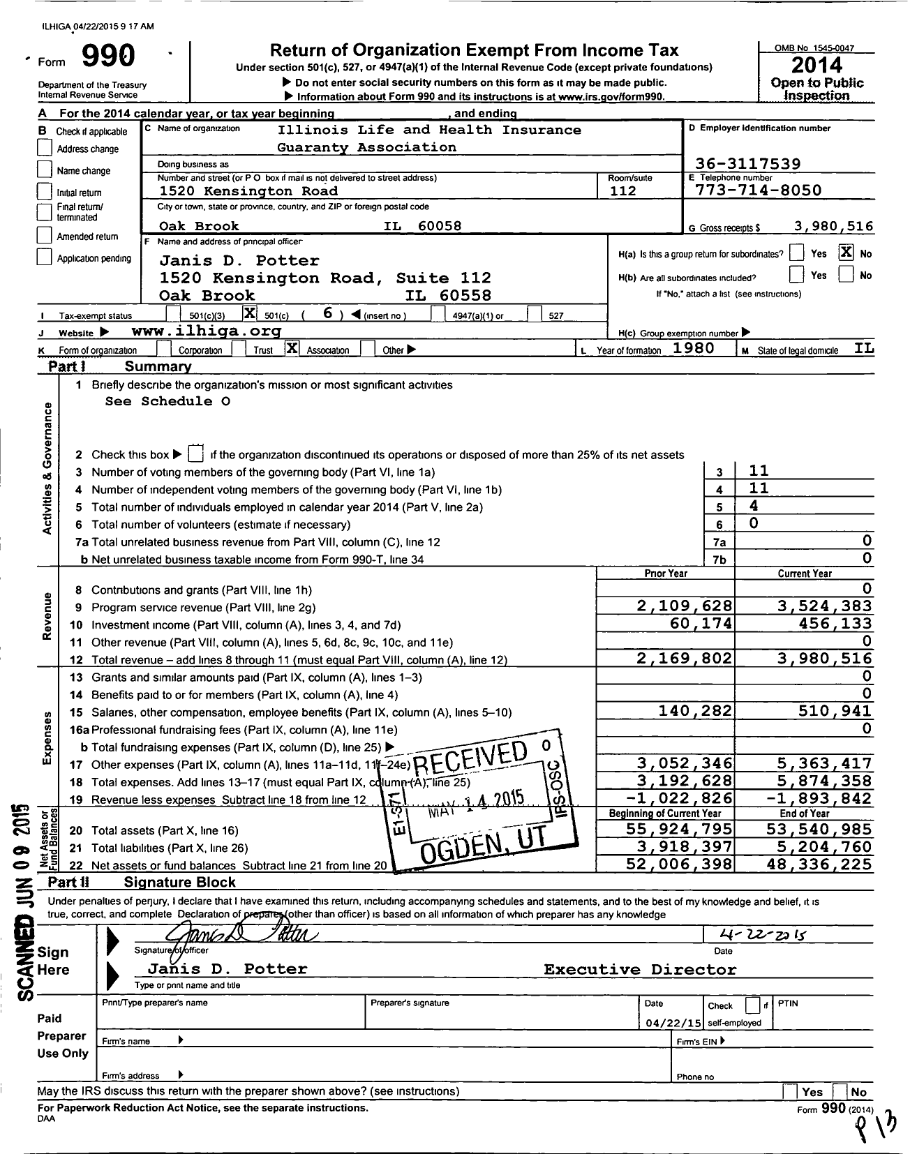 Image of first page of 2014 Form 990O for Illinois Life & Health Insurance Guaranty Association (ILHIGA)