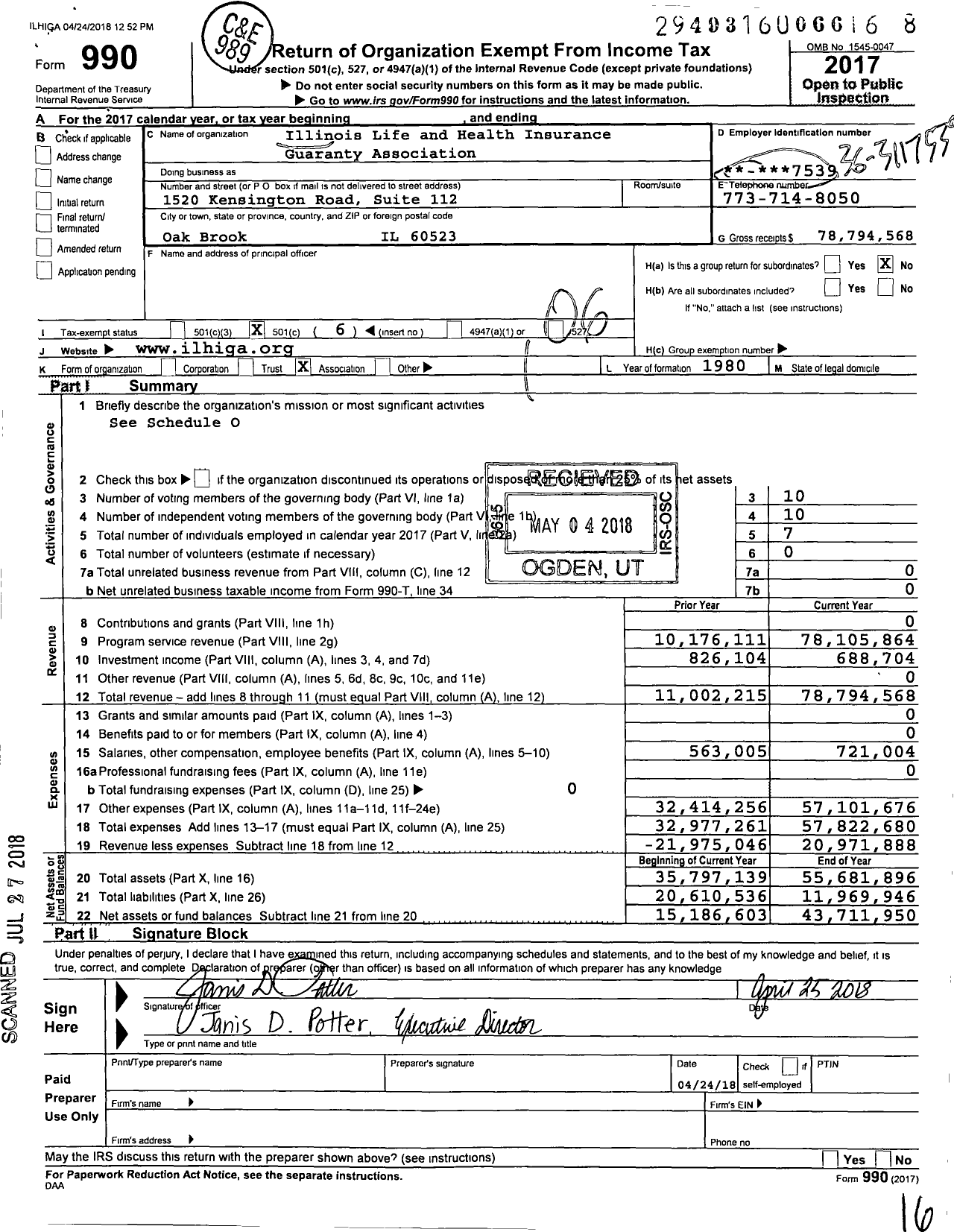 Image of first page of 2017 Form 990O for Illinois Life & Health Insurance Guaranty Association (ILHIGA)