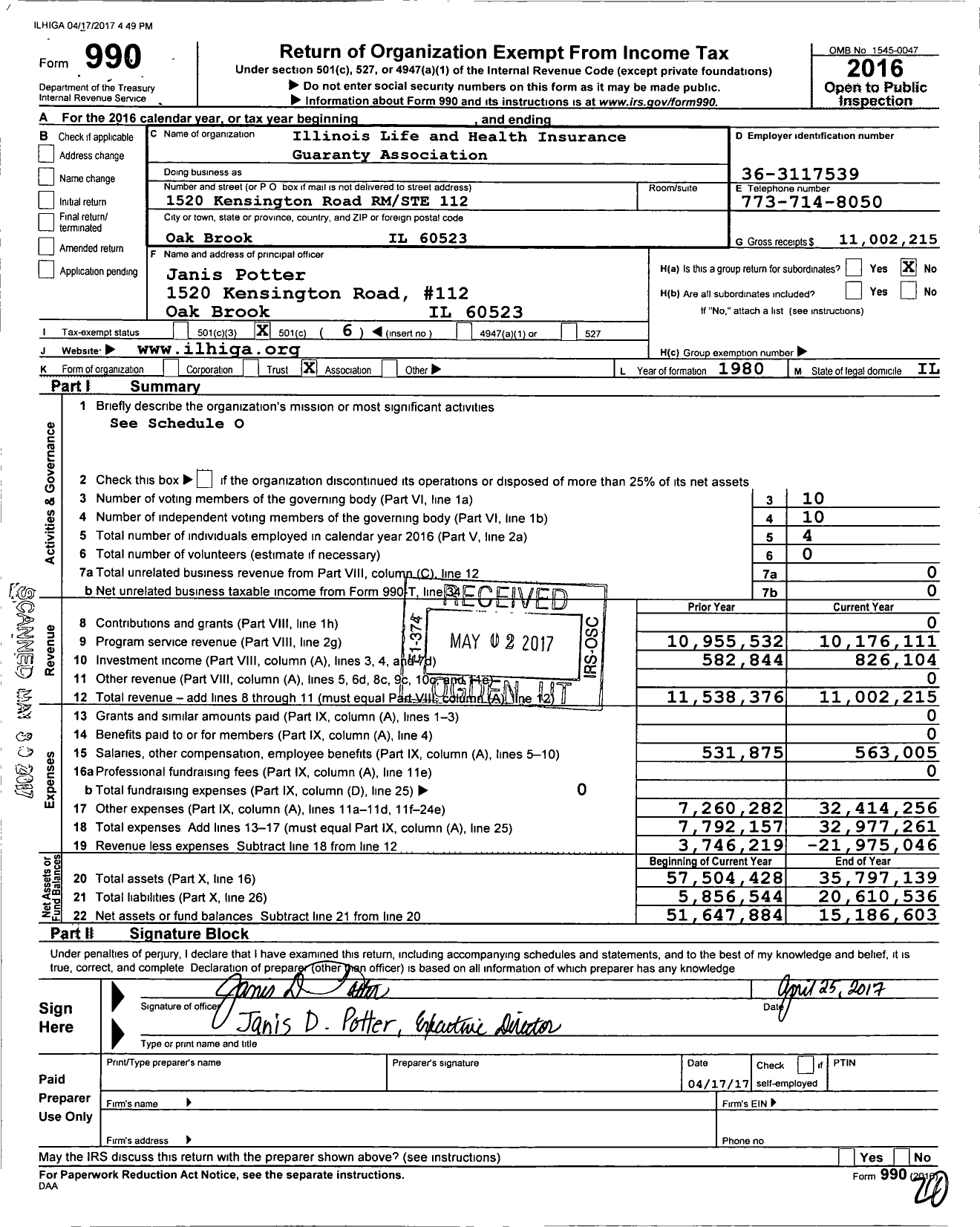 Image of first page of 2016 Form 990O for Illinois Life & Health Insurance Guaranty Association (ILHIGA)