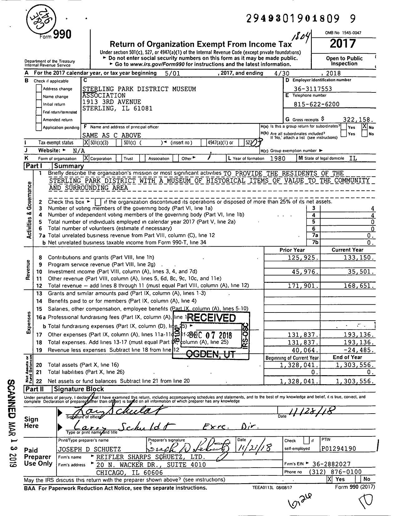 Image of first page of 2017 Form 990 for Sterling Park District Museum Association