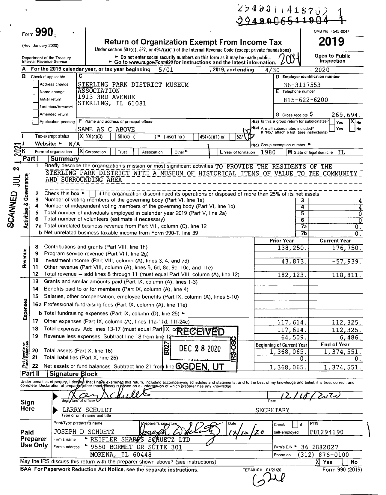 Image of first page of 2019 Form 990 for Sterling Park District Museum Association