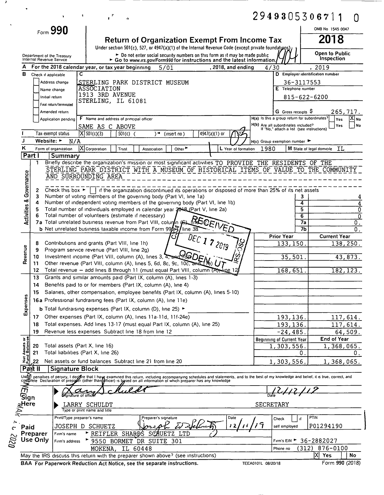 Image of first page of 2018 Form 990 for Sterling Park District Museum Association